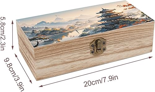 Miniatura 2 de Caja de almacenamiento de madera de paisaje de templo asiático con cerradura con bisagras, baúl decorativo hecho a mano, elegantes cajas de