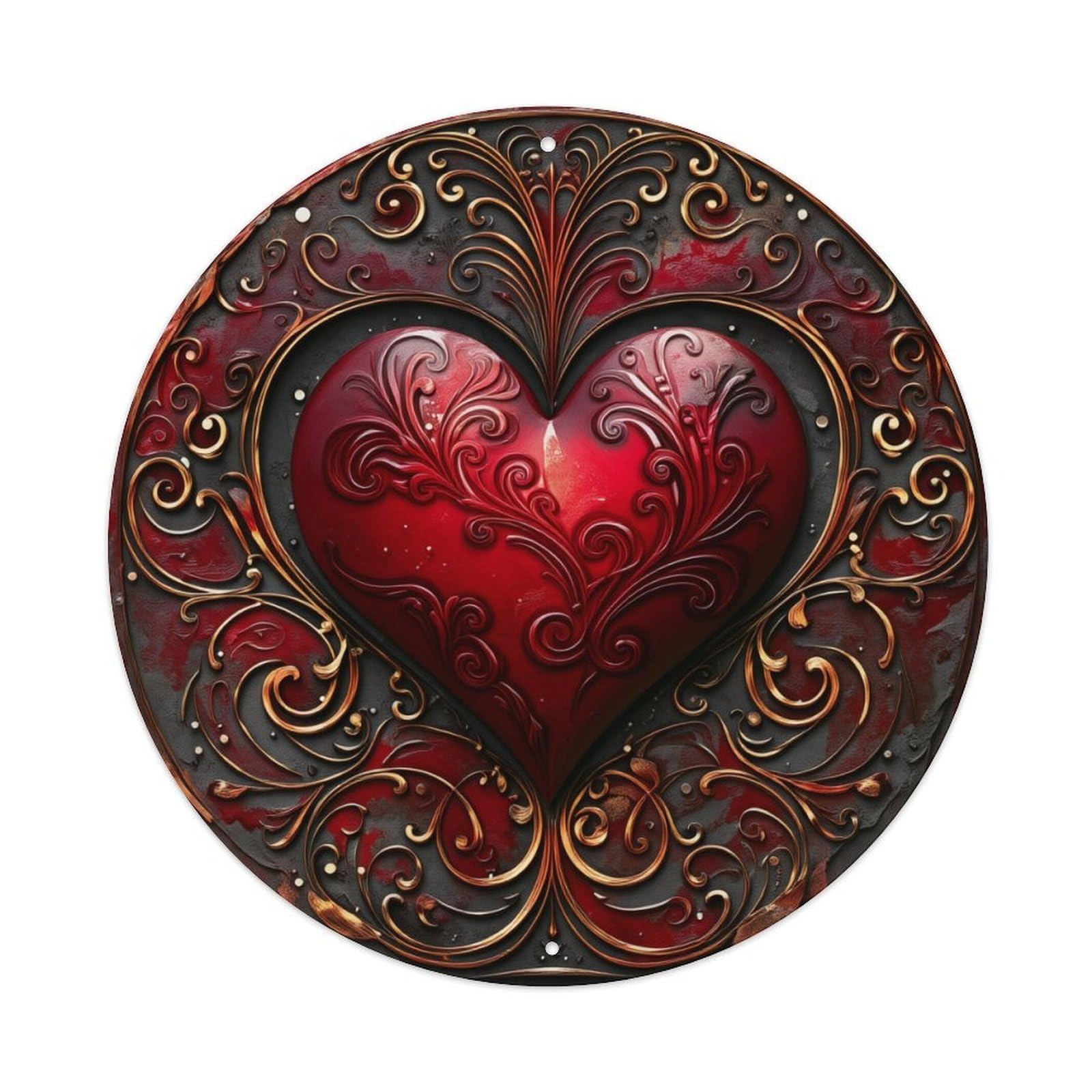 Ornate Heart Design With Swirls Round Tin Sign Vintage Metal Poster, Home Bar Garage Man Cave Cafe Indoor & Outdoor Wall Decoration 8x8Inches