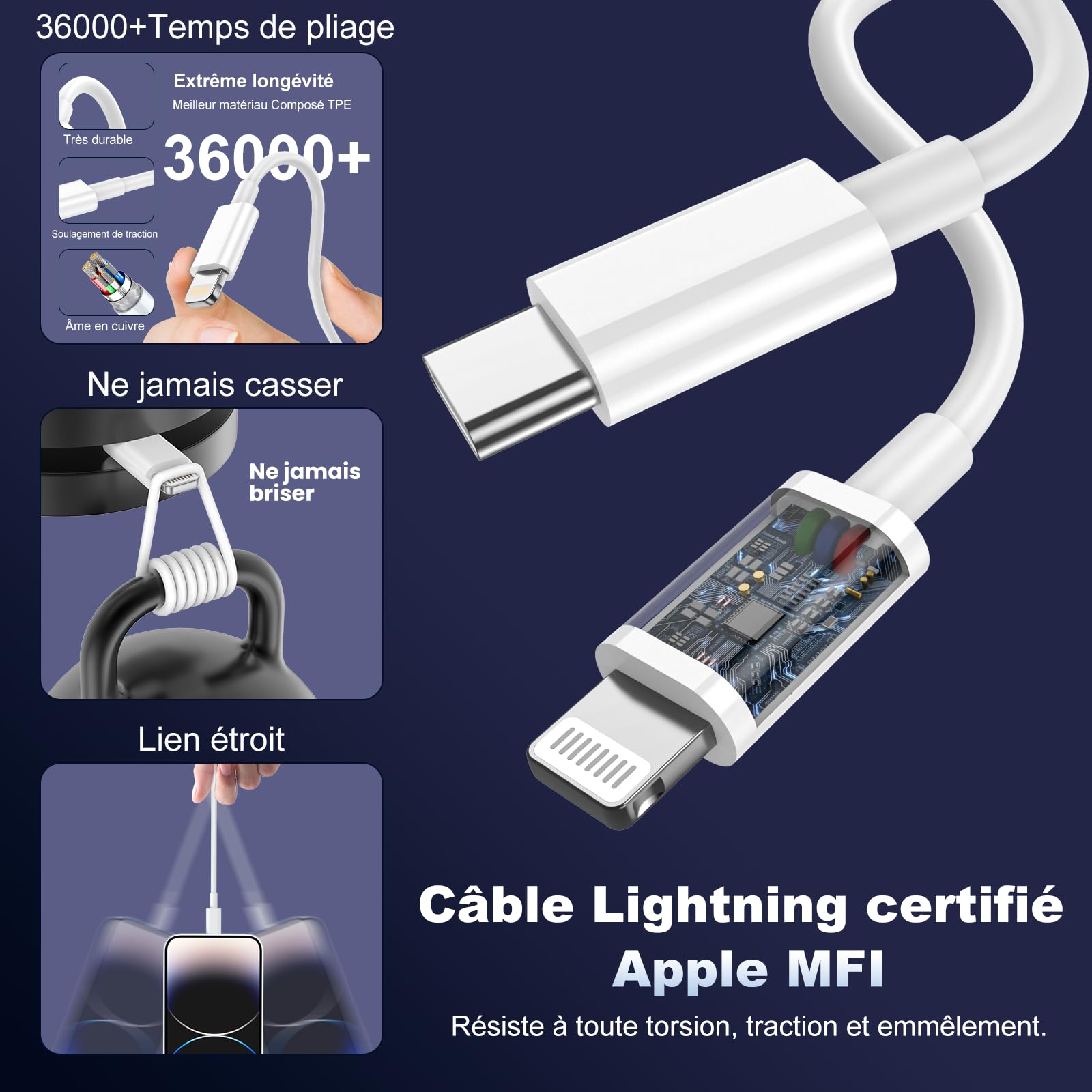 Chargeur iPhone,2Pack Chargeur Rapide de 20W Adaptateur avec 2M&3M [Certifié Apple MFi ] USB-C de données Lightning Cordon de Charge Compatible avec iPhone 14 13 12 11 Pro Max XS XR X,iPad