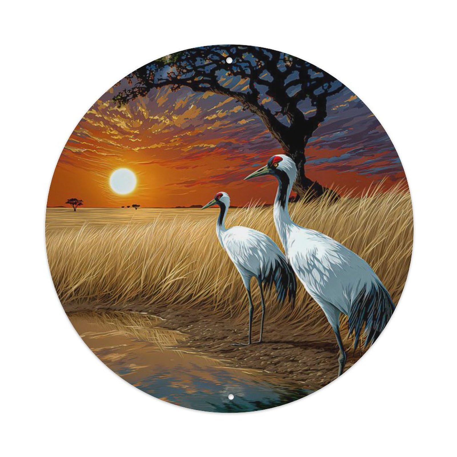 Animal Red Crowned Crane African Savanna Sunset Landscape Vintage Metal Tin Sign Plaque Wall Decor for Cafe, Club Bar, Office, Garden Metal Poster 8x8Inch