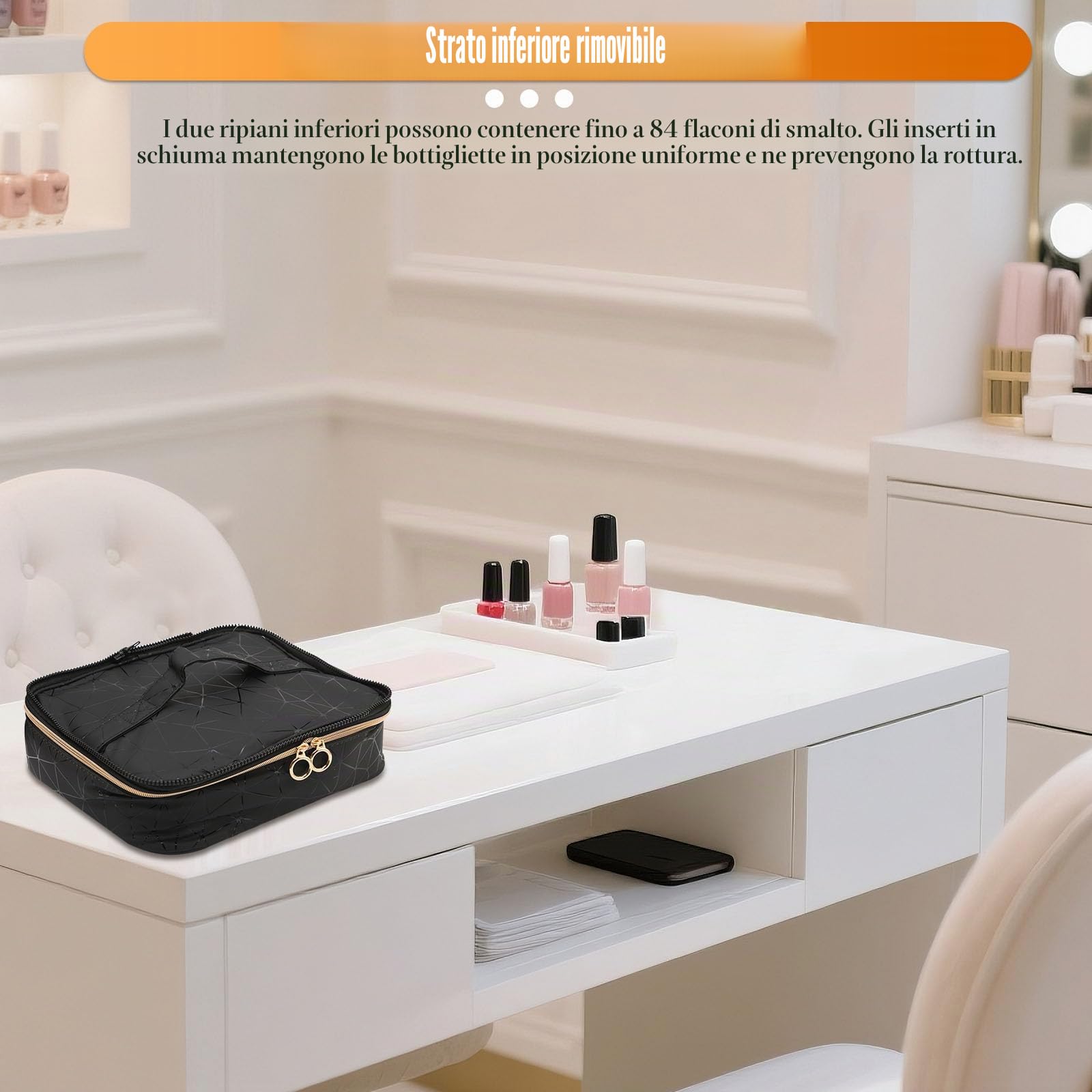 Organizer per Unghie di Grande Capacità per 84 Flaconi di Smalto e 1 Lampada a LED per unghie Borsa con Tracolla per Accessori per Nail Art, Nero