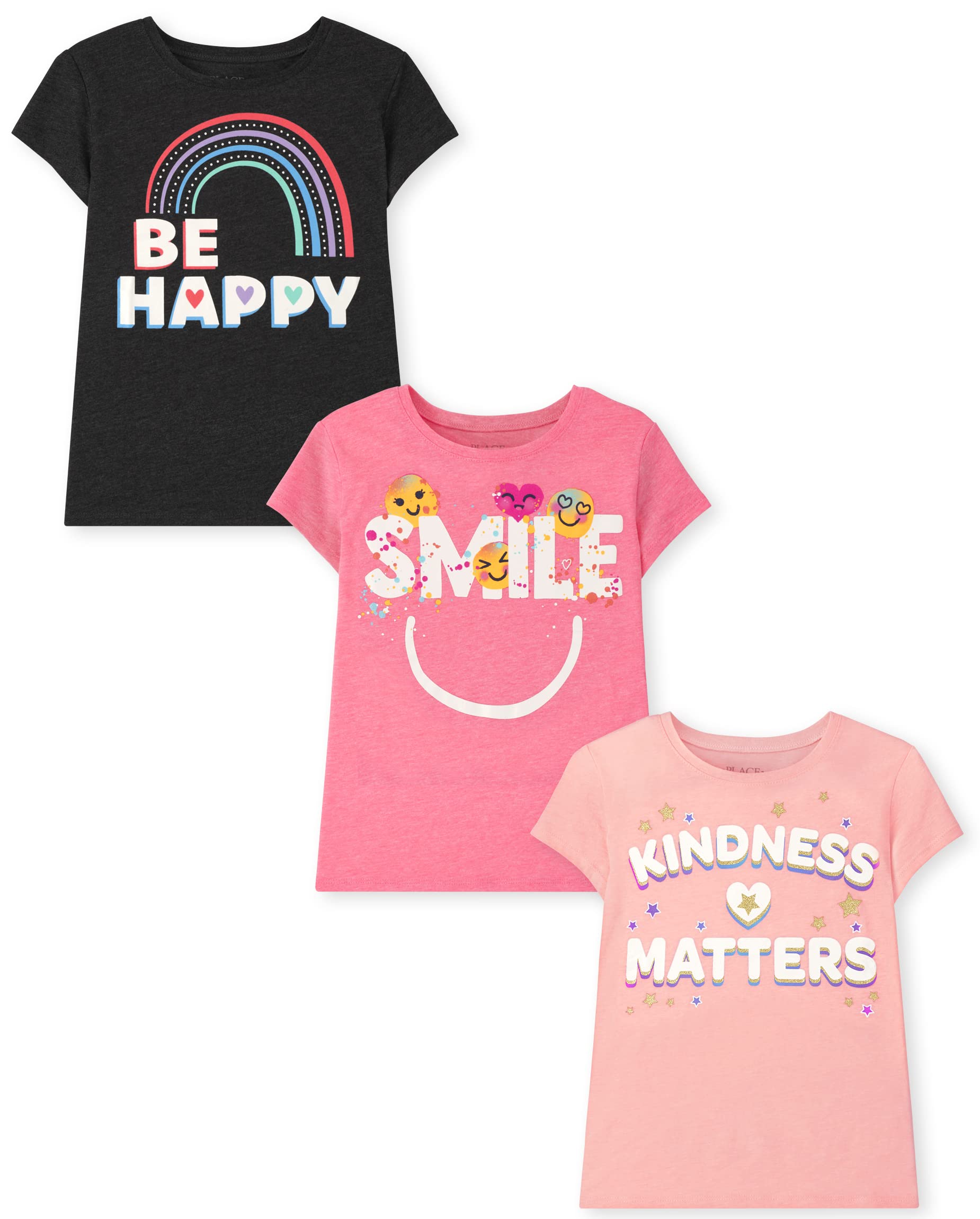 The Children's Place Girls' Kindness, Love, Equality Short Sleeve Graphic T-Shirts,multipacks, Be Happy/Smile/Kindness Matters, S