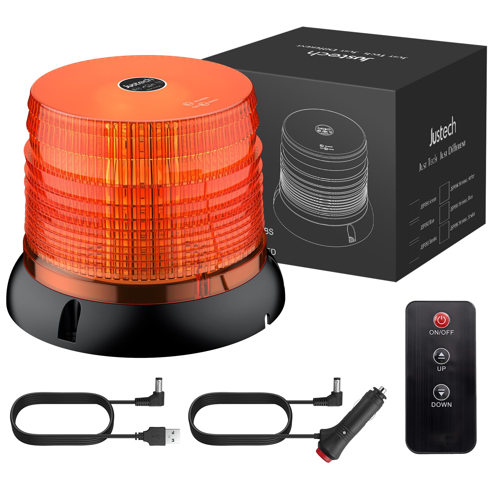 Justech LED回転式警告灯 DC12/24V充電 6点滅モード 72LEDs IP65防水防塵 ワイヤレステープリモコン 押しボタン式コントロールスイッチ切り替え 工業用信号ライト 360°全方向発光 磁石+ネジ固定 工場 建設現場 警告灯 E-Mark認証E57 作業車/消防車などに適用 2M+2Mパワーケーブル付き