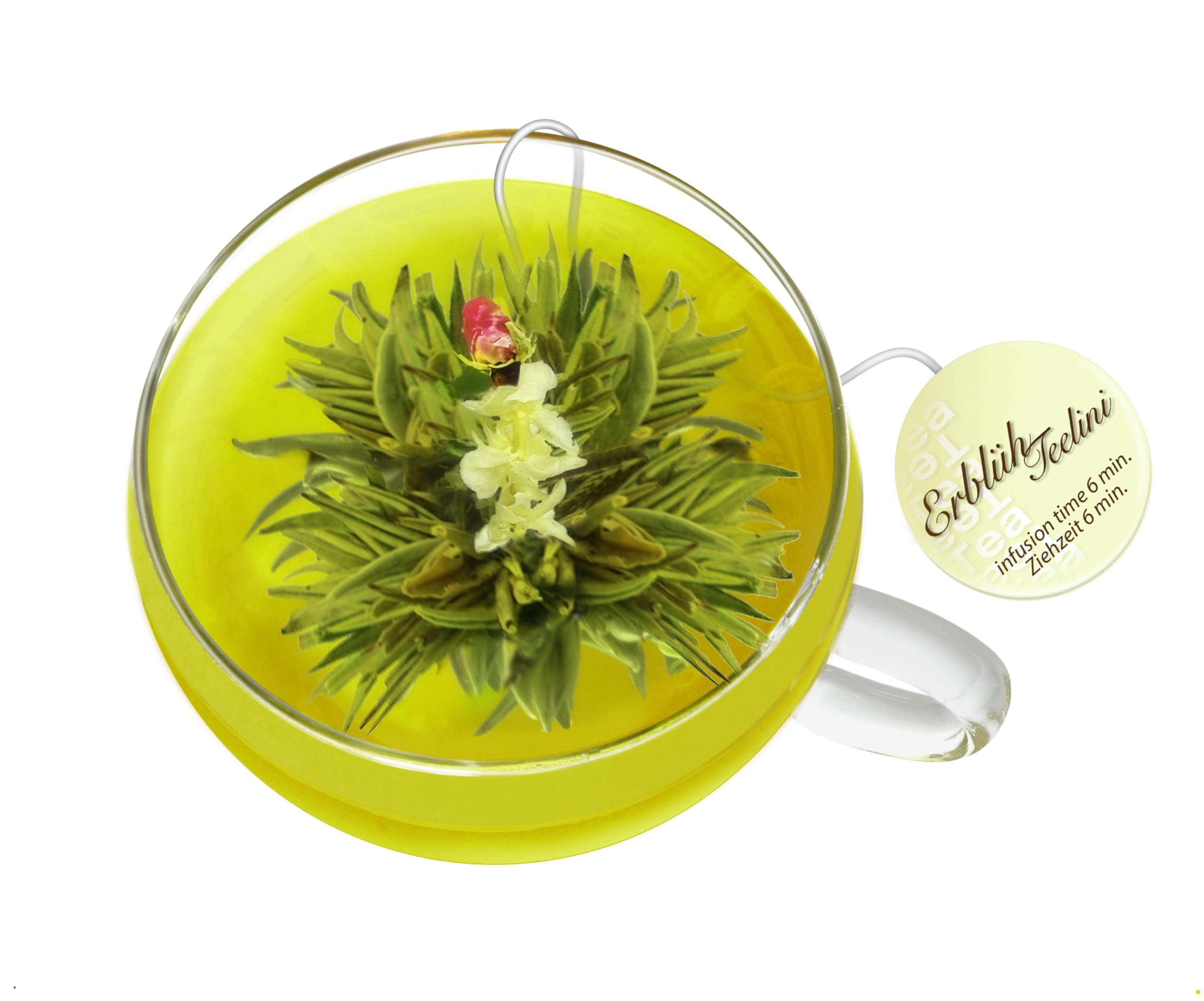 Creano Coffret Cadeau Teelini 10 pcs – 8 Fleurs de Thé Vert en Portion de Tasse avec Tasse en Verre 200ml & Couvercle – Idée Cadeau Collègue, Bureau & Détente