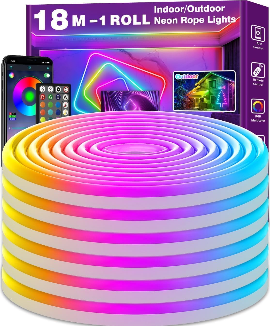 NUERPO LED 18M Neon Rope Lights, Flexible LED Cord Lights Controlled with App/Remote, IP65 Outdoor RGBWaterproof, Music Sync Led Neon Light Strip for Bedroom Decoration