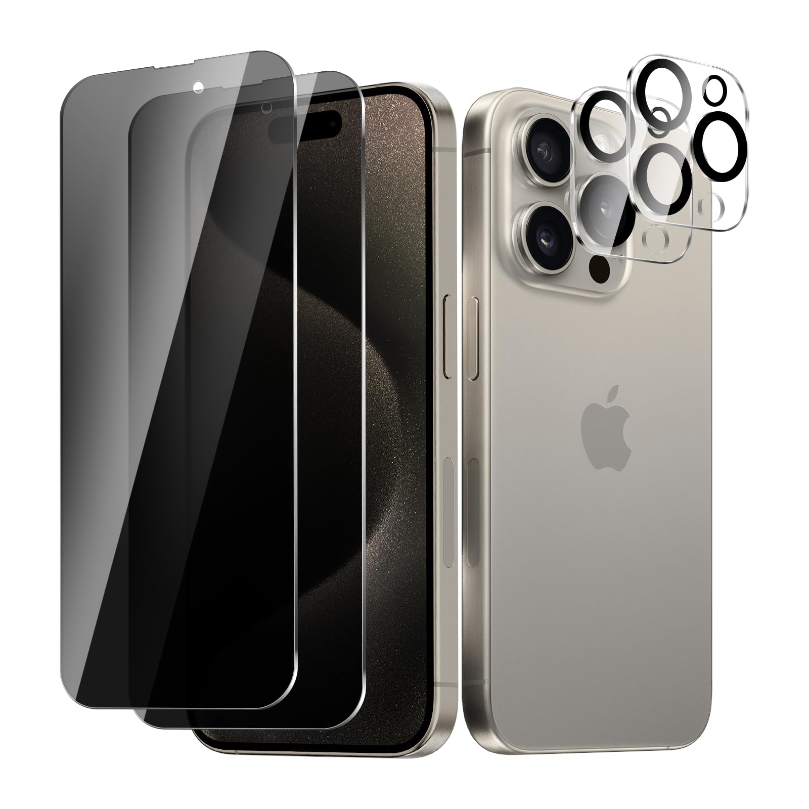 BIESHKJ[2+2Pack Pantalla privacidad para iPhone 15 Pro Max, Protector de Pantalla Anti-Peep + Protector de Lente de cámara, película de Vidrio Templado HD, Dureza 9H, antiarañazos