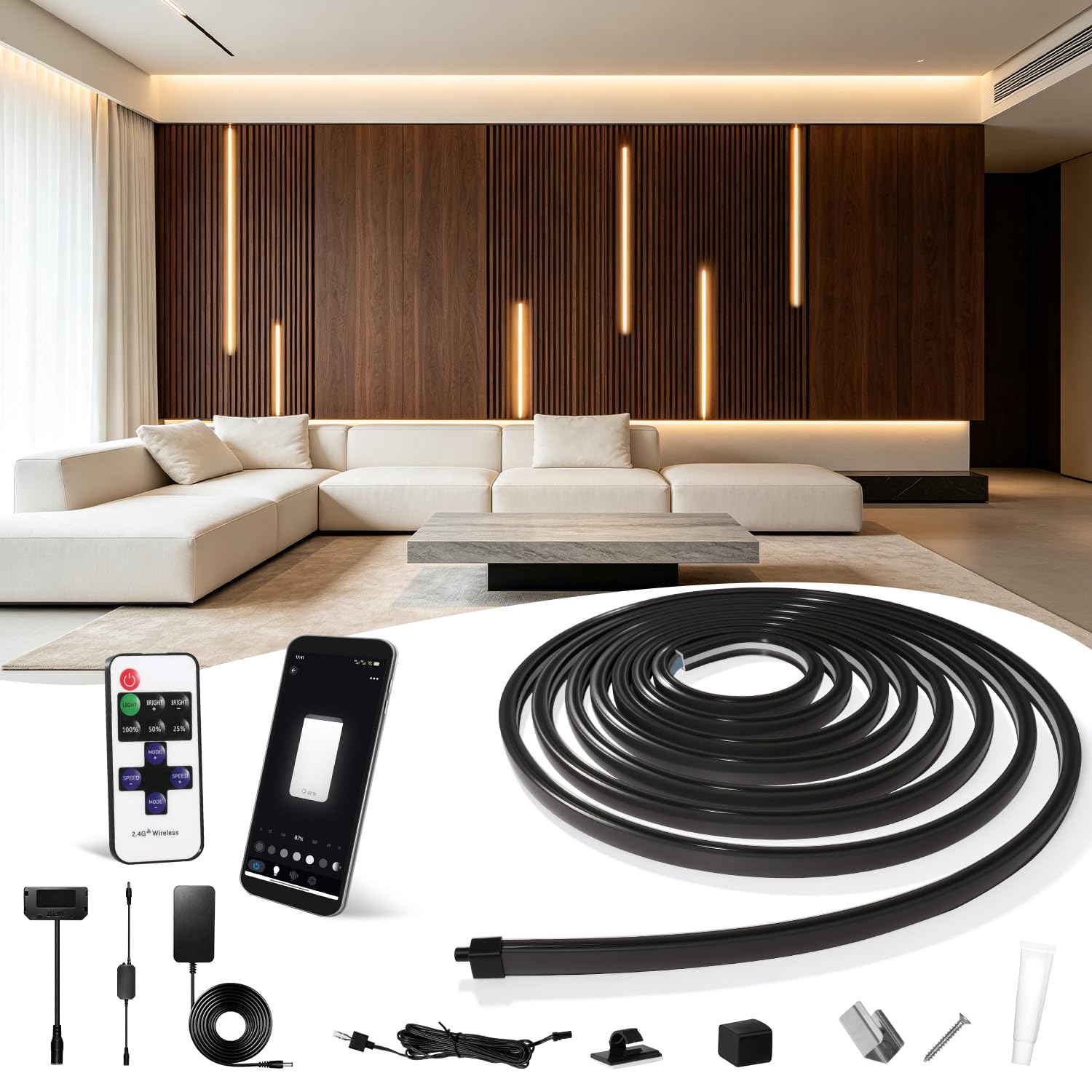 SHUNLEE Smart Black Neon Recessed Acoustic Panel Lighting for Wood Slat,5M