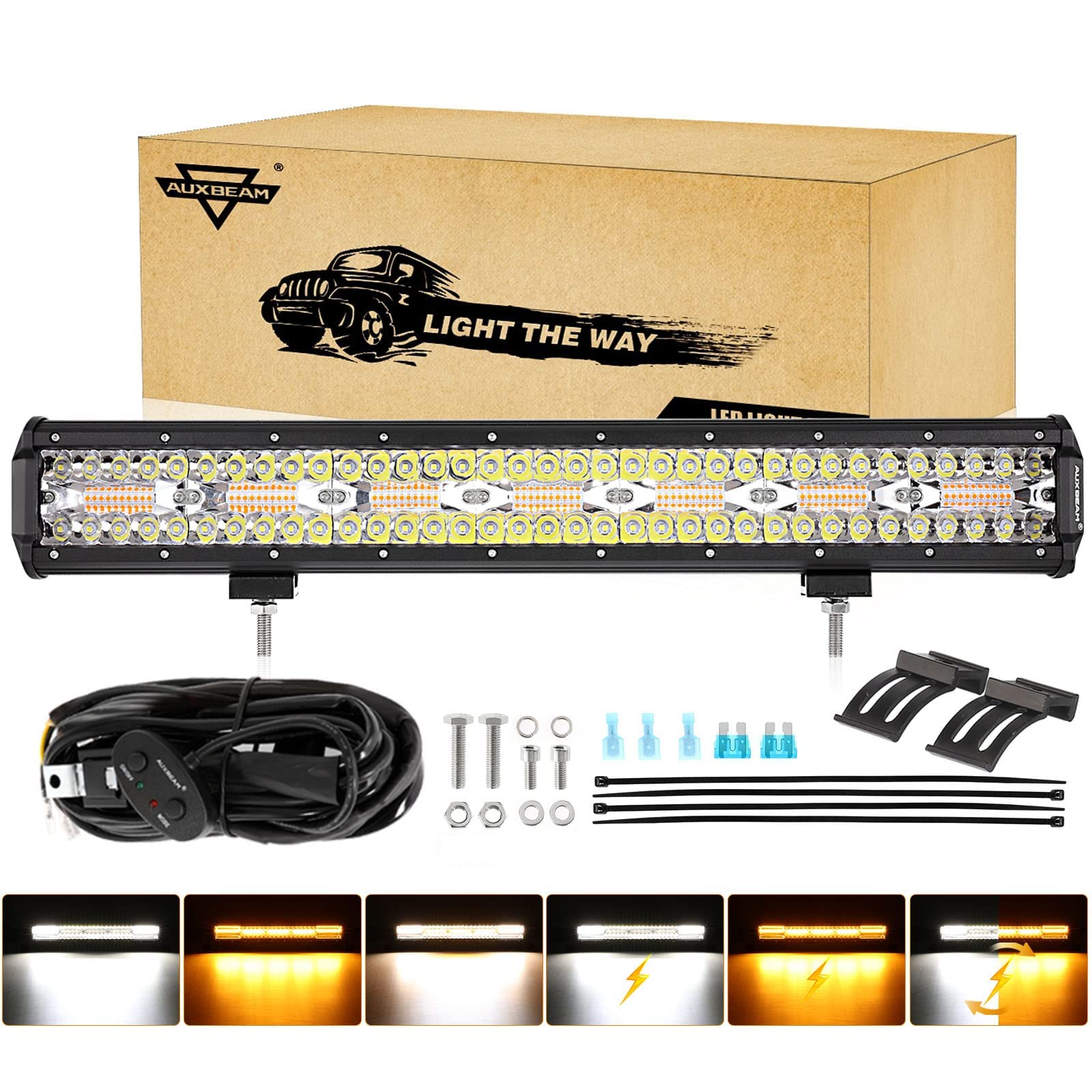 Auxbeam 20 Inch 420W LED Light Bar, 6 Modes Strobe Amber Pod Lights Yellow Fog Light Dual Color Spot Flood Offroad Driving Lights, Memory Function LED Work Lights for Truck Car ATV