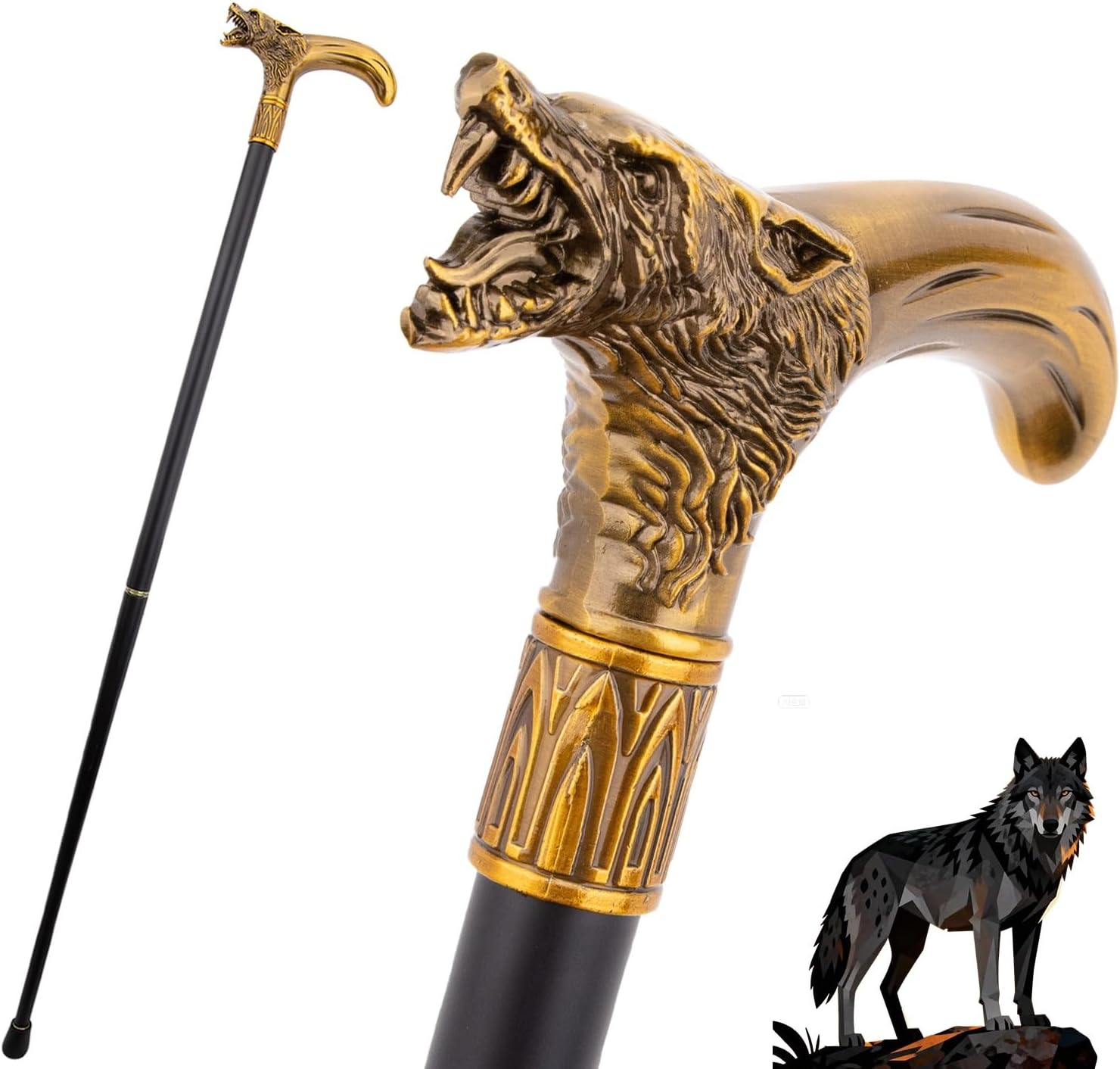 Aluminum Alloy Brass Wolf King Walking Stick, with Ergonomic Handle Stick Elegant Cosplay Cane Knob Crosier 36.22in