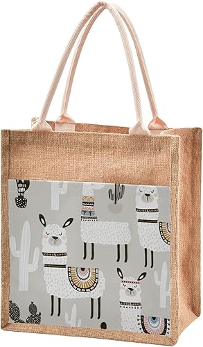 Miniatura 9 de Cactus Llama - Bolsa de yute de color blanco con asa, bolsa de yute con bolsillo frontal de lona, bolsas de yute para mujer
