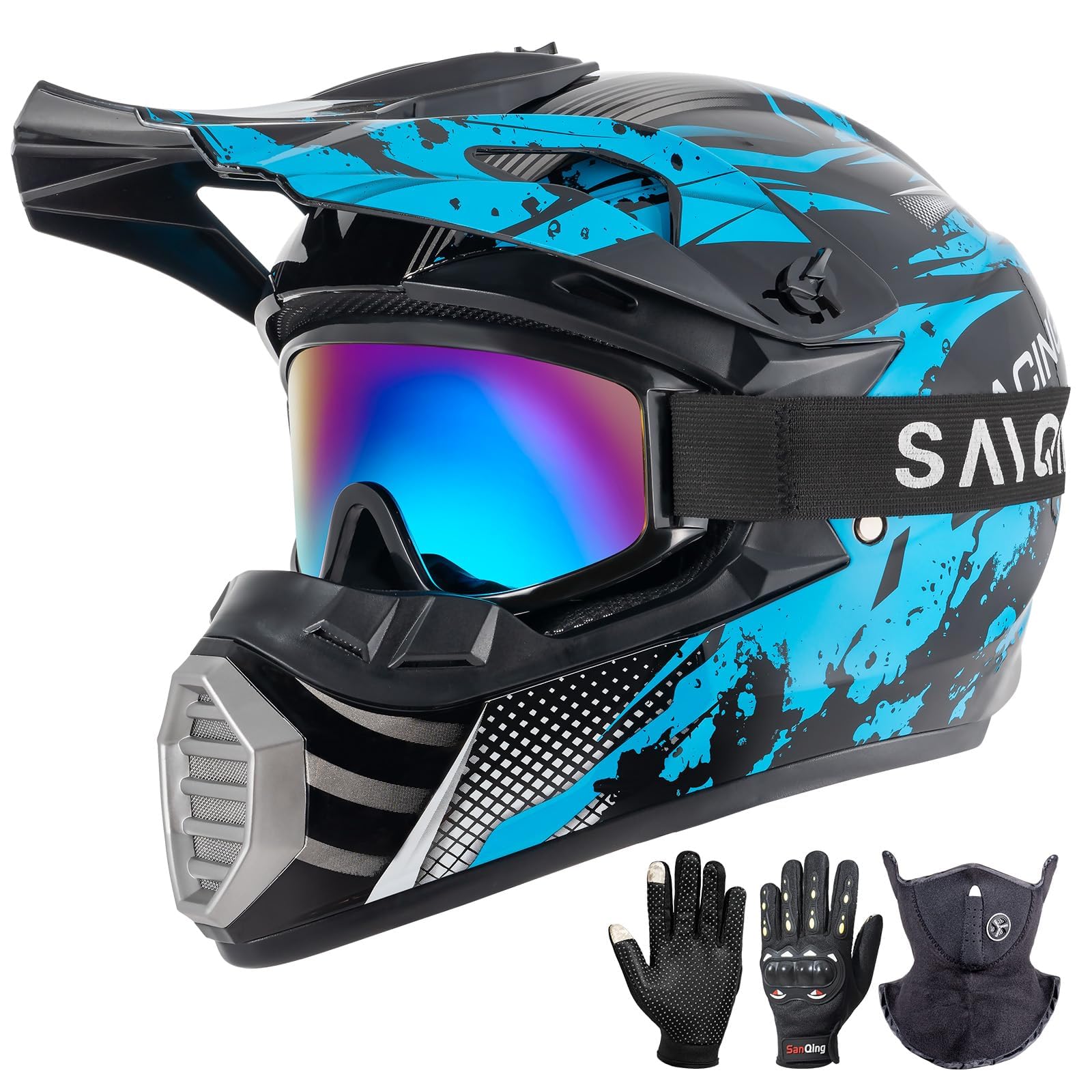 youth kids motocross helmet, atv dirt bike helmet, off-road bmx 4-wheeler full face motorcycle helmet w/goggles gloves & mask, dot approved (bright blue, large)