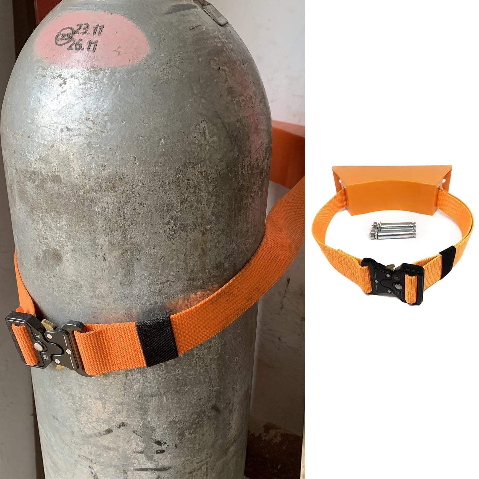 GHHVFEC Oxygen cylinder rack,Heavy Duty Oxygen Tank Holder with Safety Strap & Screws - Wall Bracket for Gas Bottles, Oxygen Cylinder Stand, Secure Storage Rack (Orange)