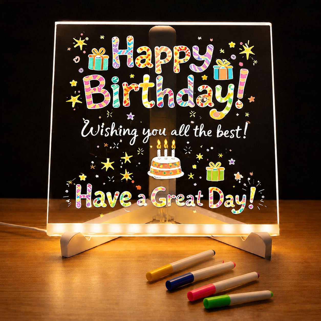 One94store LED Acrylic Writing Board with 7 Pen & Light – 15x15 cm DIY 3D Rewritable Message Pad, Personalized Night Lamp & LED Display for Home, Office Desk Decor & Gift-image-42
