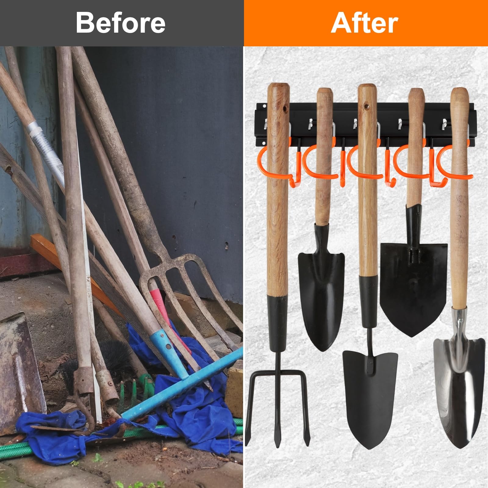 QUARKZMAN Portaherramientas de Jardín Kit, Soporte Metálico de Pared Empalmable con Ganchos Naranja para Herramientas Colgador para Escobas Fregonas Sótano Garaje, 164cm Largo Total