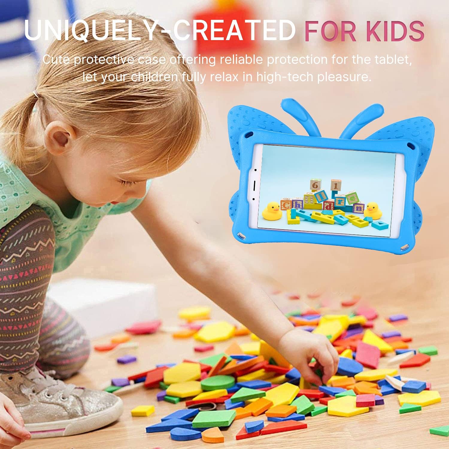 JGY Lenovo Tab M9 2023 Kids Tablet Case for Kids Pretty Butterfly Case for Kids Girl EVA Foam Full Cover Sturdy Lenovo Tab M9 case with Stand Pencil Holder Shockproof Rugged Case (Blue) image 3