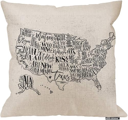 HGOD DESIGNS Fundas de almohada con mapa, diseño vintage de Estados Unidos con inscripción de Estados Unidos, funda de cojín cuadrada de lino y