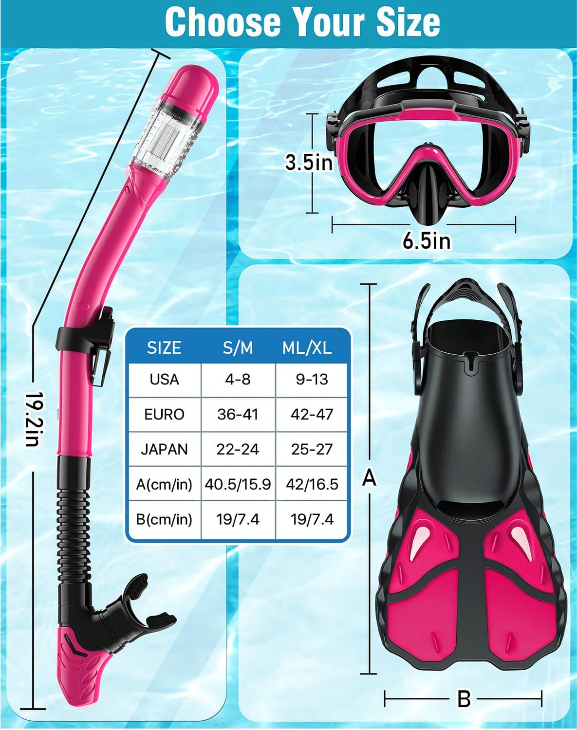 Color Pink Snorkel Set with Fins for Adults, Snorkeling Gear for Adults Men and Women, Snorkle, Mask Set Adults Dry Top Snorkel Mask Combo Set with Travel Bag for Snorkeling, Diving, Swimming