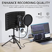 Vista 3 de Escudo de aislamiento de micrófono de grabación de estudio con filtro pop y trípode de metal, micrófono condensador USB para PC, portátil, teléfono