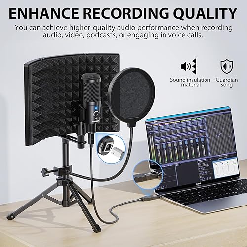 Miniatura 3 de Escudo de aislamiento de micrófono de grabación de estudio con filtro pop y trípode de metal, micrófono condensador USB para PC, portátil, teléfono