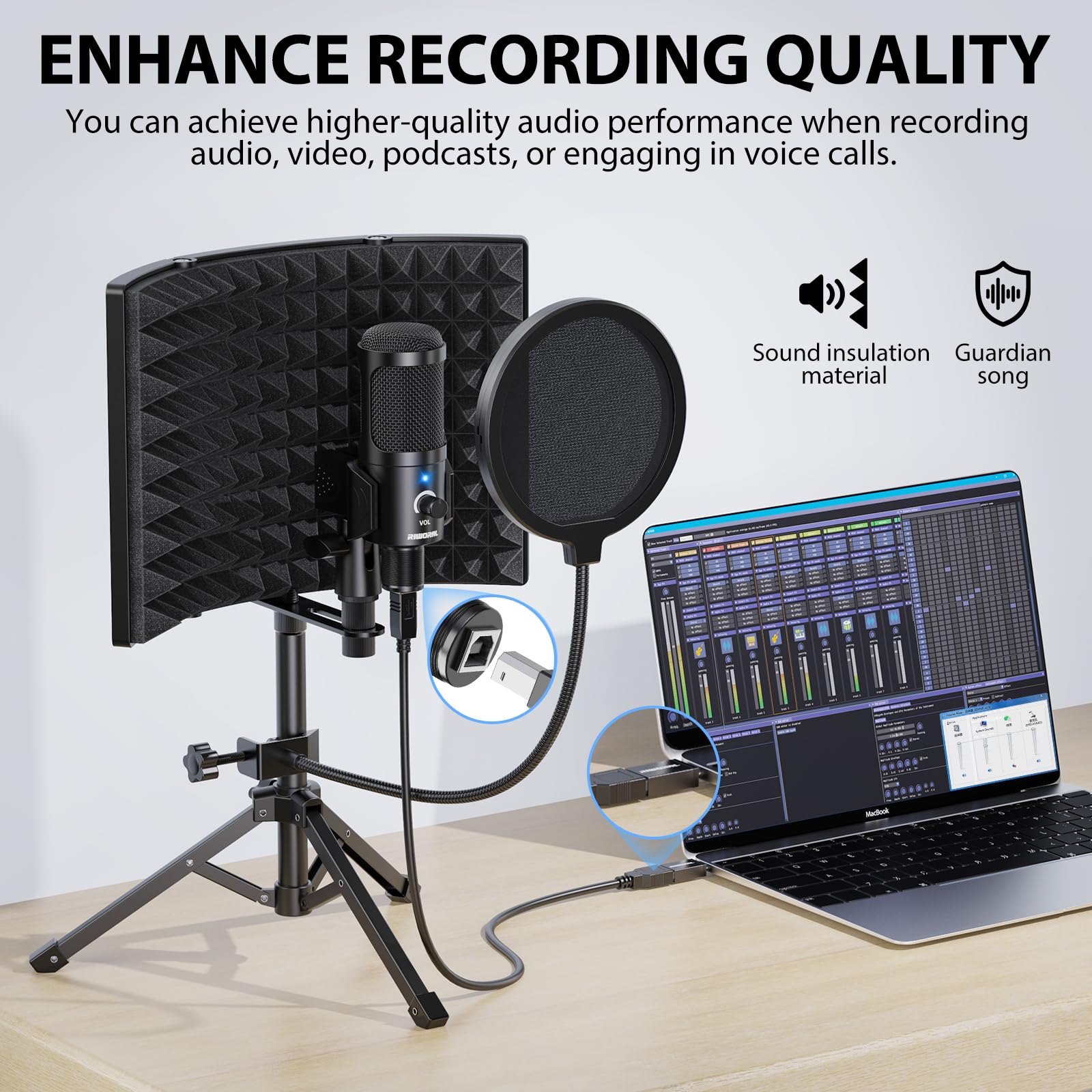 Schermo isolante per microfono da studio di registrazione con filtro antipop e supporto treppiede in metallo, microfono a condensatore USB per PC, laptop, smartphone, microfono per registrare,