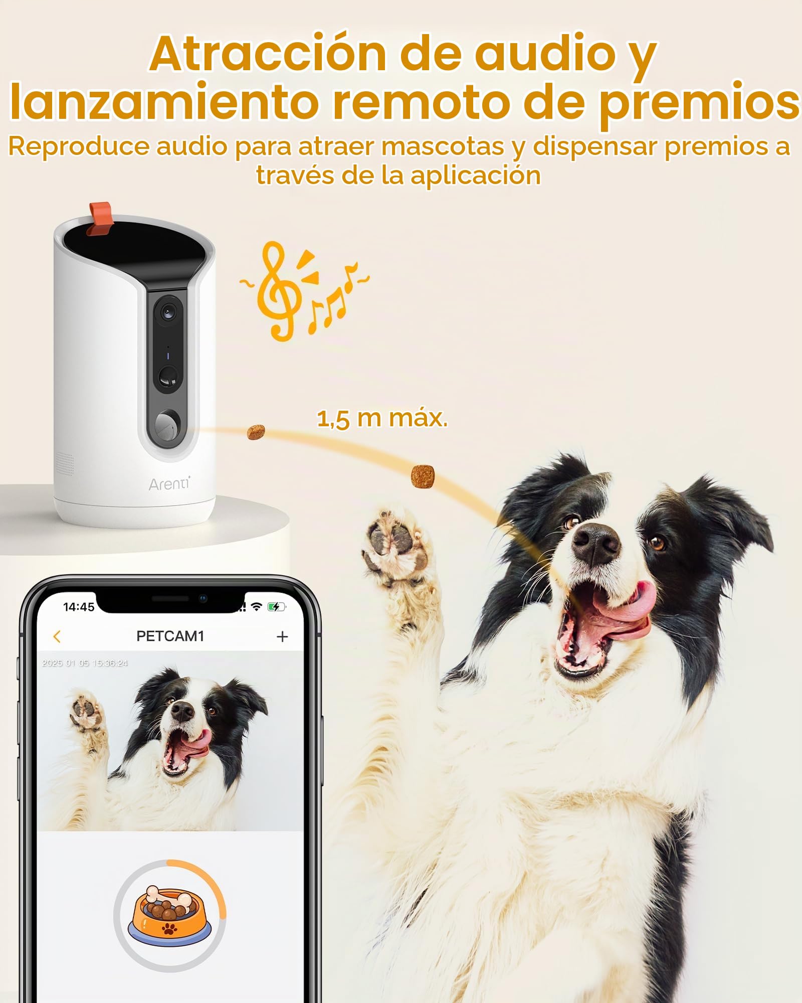 ARENTI Comedero Automático para Mascotas con Cámara WiFi, Cámara de Vigilancia con Comedero, Camara para Perros/Gatos, Alarma Inteligente/Visión Nocturna, Compatible con Alexa