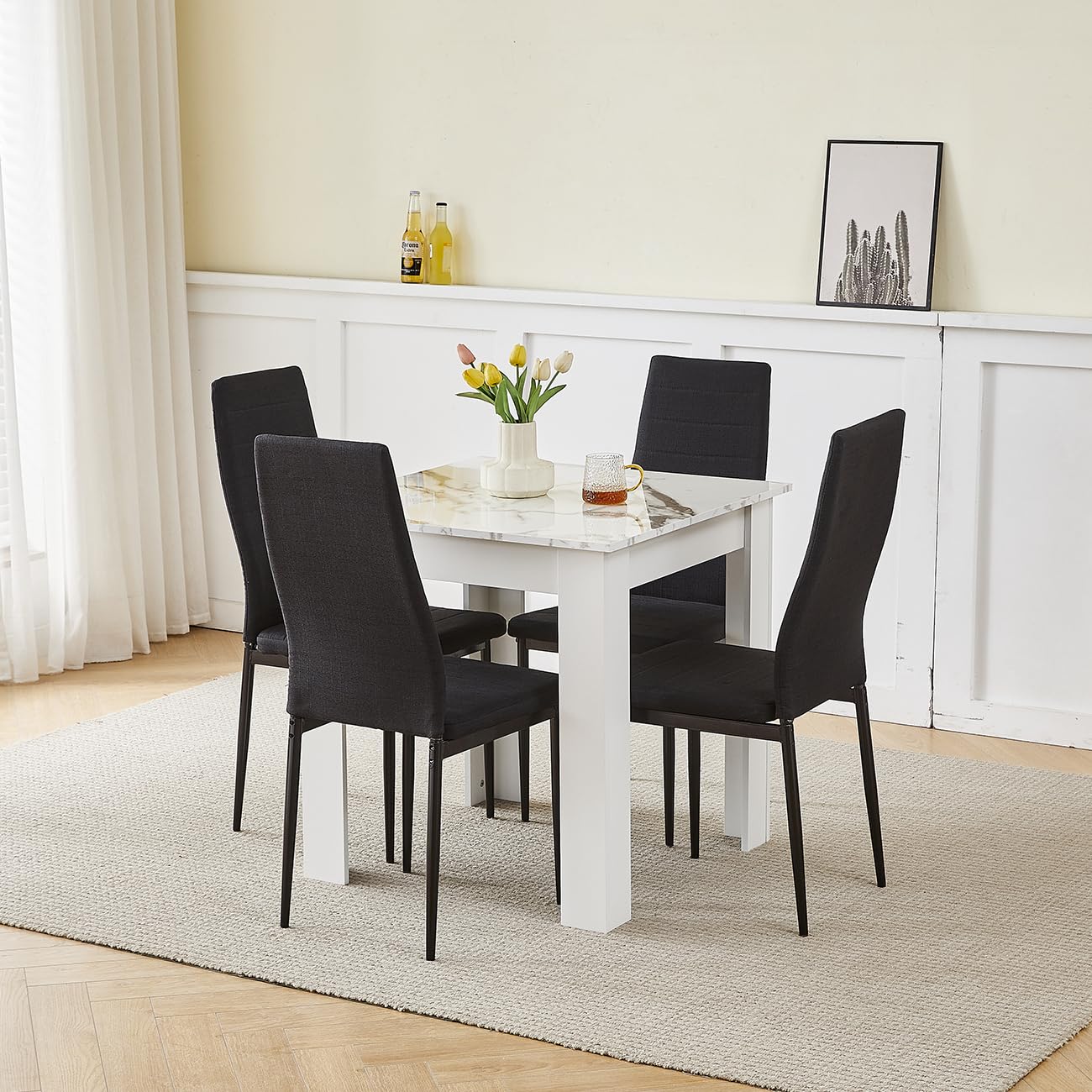 NICEME Compact Dining Table and 4 Chairs, Small Dining Room Set for 4 Seater Kitchen Table with Chairs for Small Space Saving, Glossing Tabletop 75x75 cm (Marble-White Table, 4 Seats, Linen Black #1)