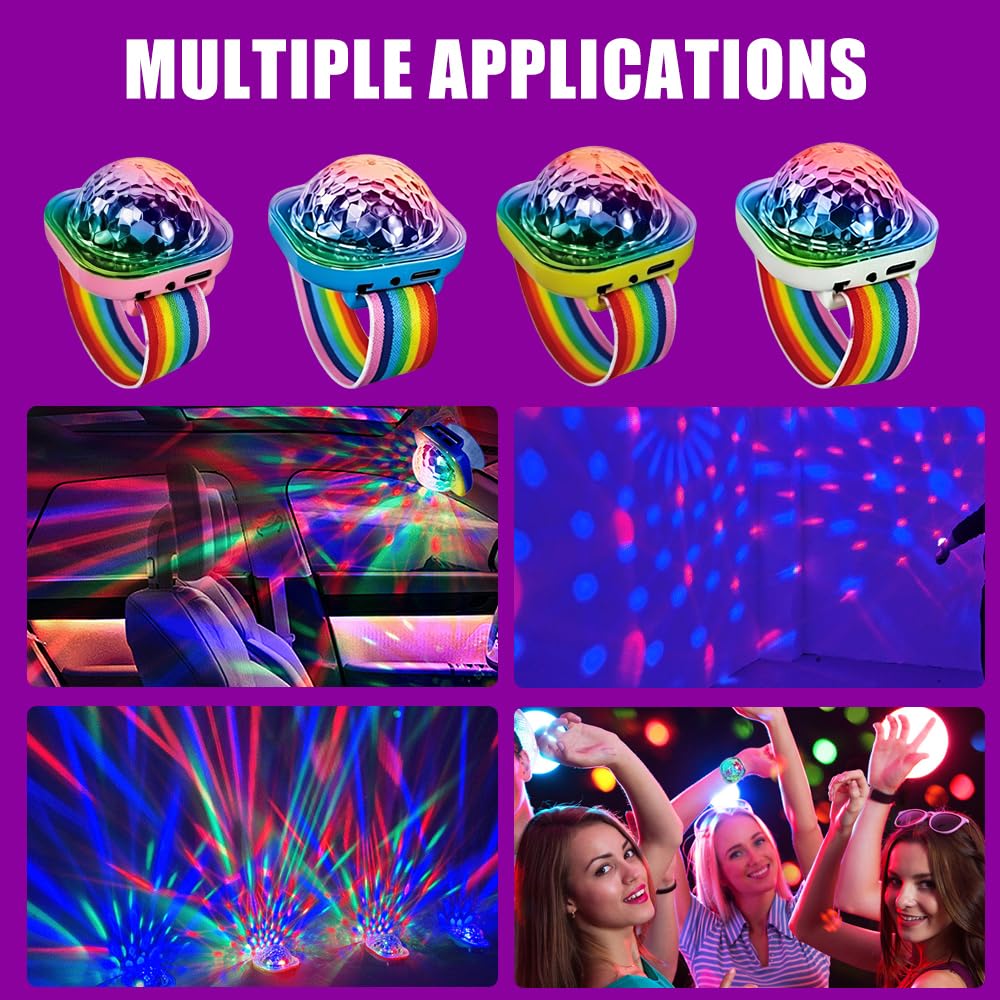 8 Stück Disco Ball Licht, USB Aufladen Discokugel Armband, Tragbare Discokugel Armband Partylicht mit Saugnapf, 5 Dynamische, Sprachgesteuert, für Party Auto Tanzen DJ Club, Weiß Rosa Gelb Blau