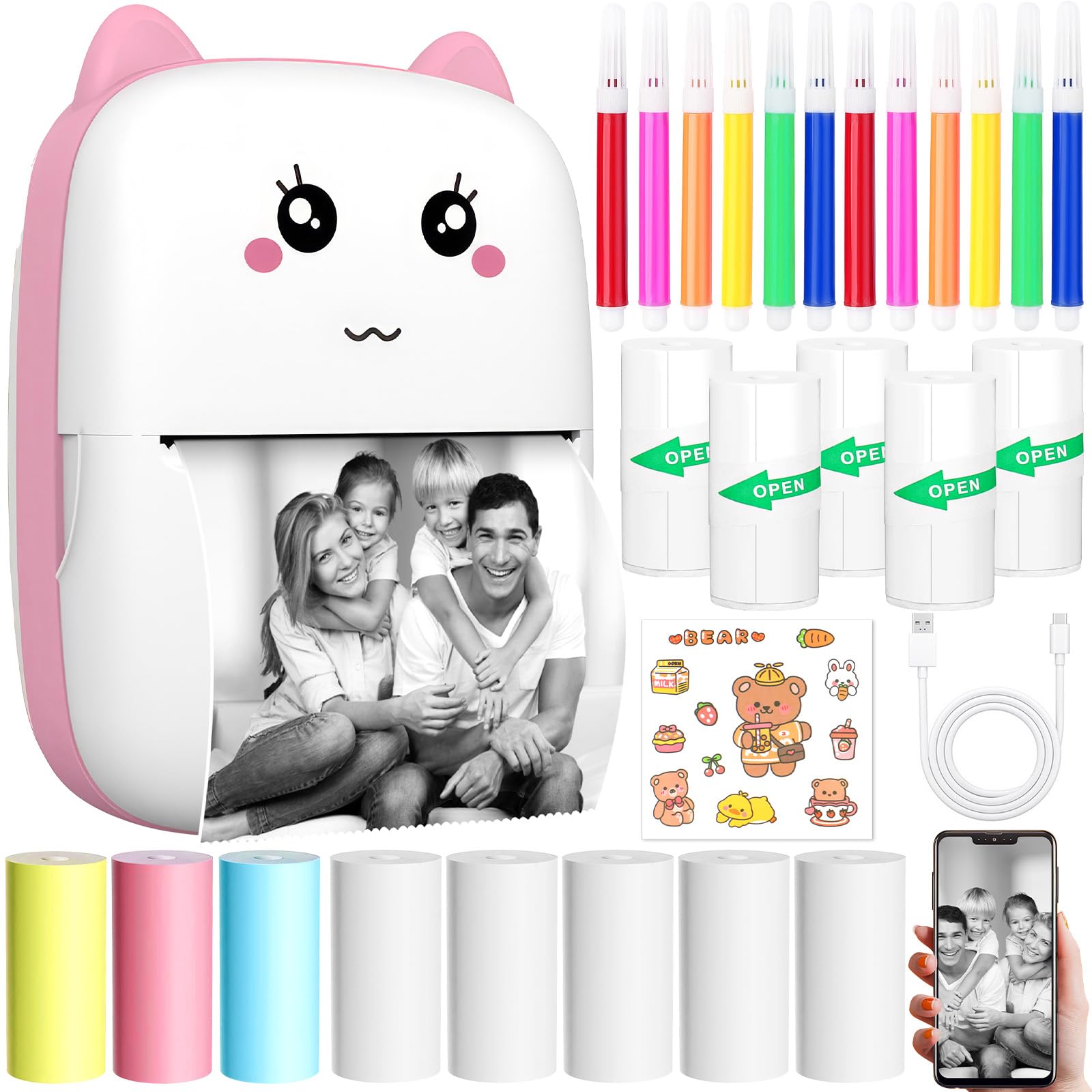 Mini Stampante Termica Portatile Bluetooth Senza Inchiostro per Smartphone, Stampa Foto, Etichette, Adesivi, Idea Regalo DIY (rosa)