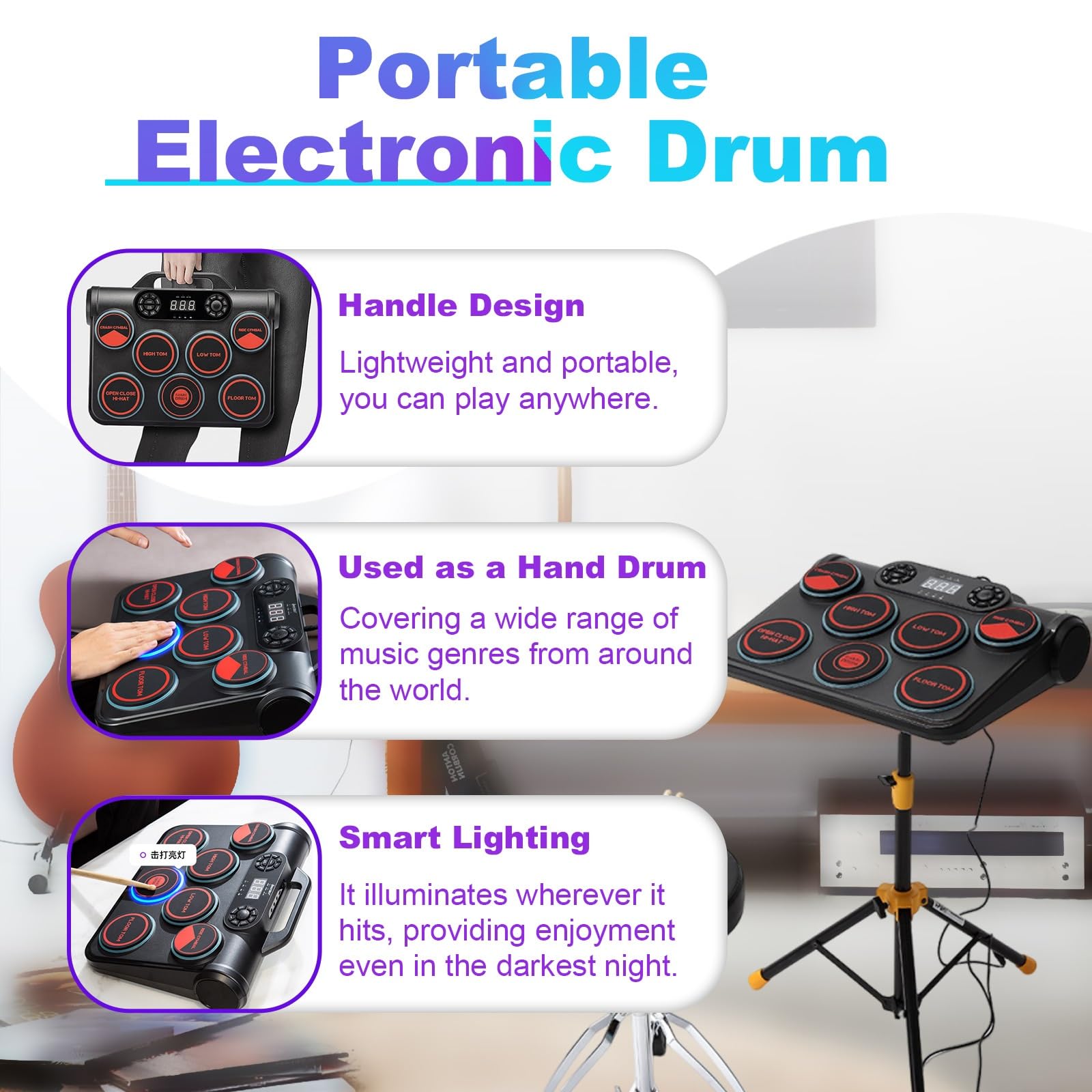 Batteria Digitale Portatile 7 Pad, Kit Batteria Bambini Principianti, Altoparlanti Integrati, Interfaccia MP3, Modalità Cuffie, Batteria Musicale