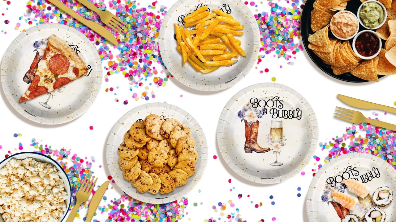 Birthday Galore Boots and Bubbly Bridal Shower - 32 Piece Disposable Party Supplies - Western Bridal Shower Decorations - Round Party Plates - Large 9" Paper Plates In Bulk (Pack of 2)