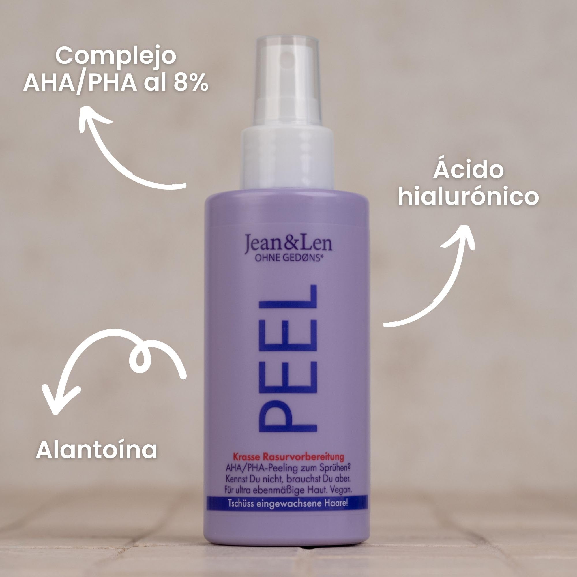 Jean & Len Peeling Líquido Complejo AHA PHA y Ácido Hialurónico, preparación ideal de la piel antes del afeitado, exfolia con suavidad y eficacia, sin perfume artificial, parabenos ni silicona, 150 ml