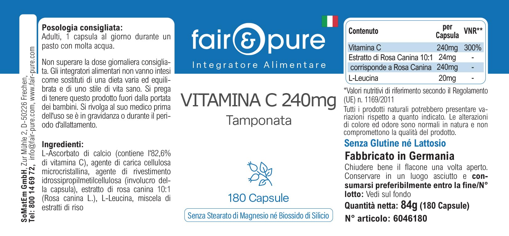 Fair & Pure® - Vitamina C tamponata - Buffered Vitamin C 240mg - Vegan - 180 Capsule (Confezione da 2)