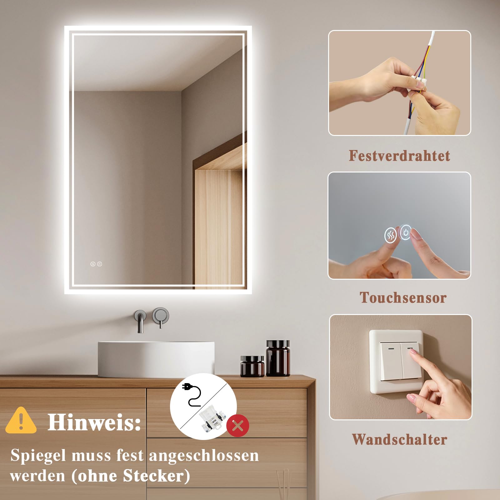 Badspiegel-mit-Beleuchtung 100x70cm - Badezimmer Spiegel mit Beschlagfrei - LED Badezimmerspiegel mit Touch-Schalter,Dimmbar,3 Lichtfarben Wandspiegel Horizontal/Vertikal