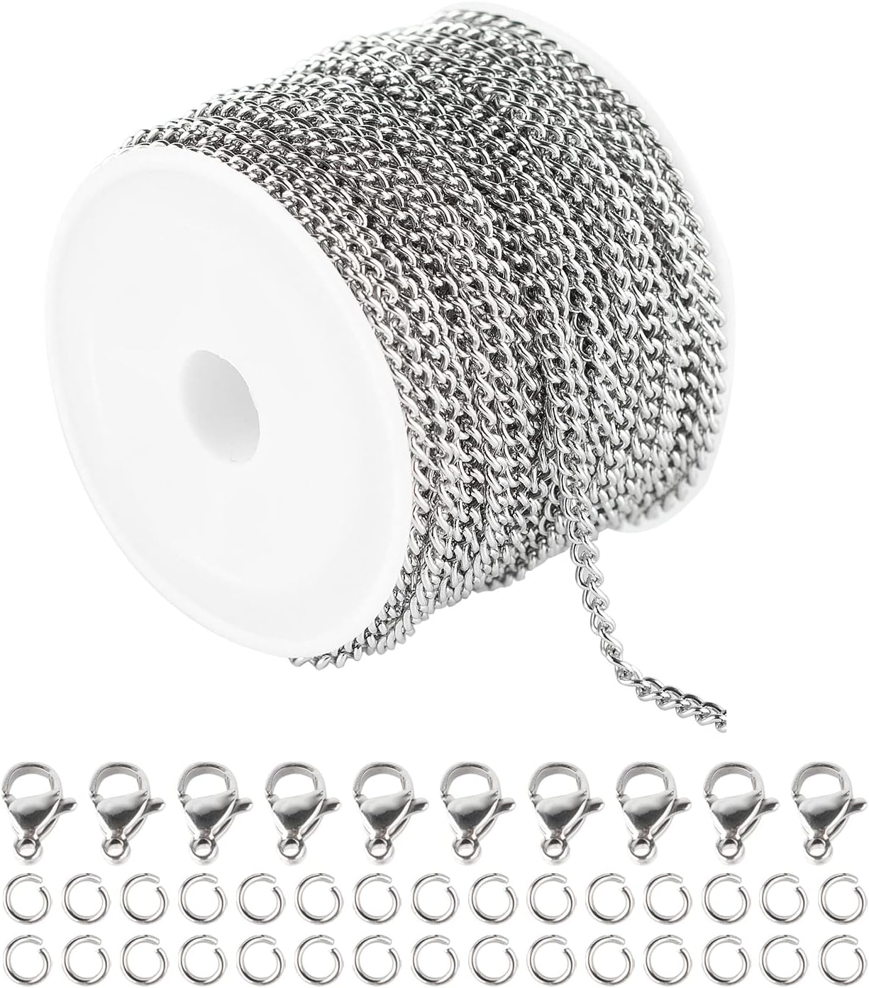 16.4 Feet Gold Stainless Steel Circle Link Chain Spool in Bulk with Lobster Clasps and Jump Rings for Necklace Jewelry Accessories DIY Making 3mm