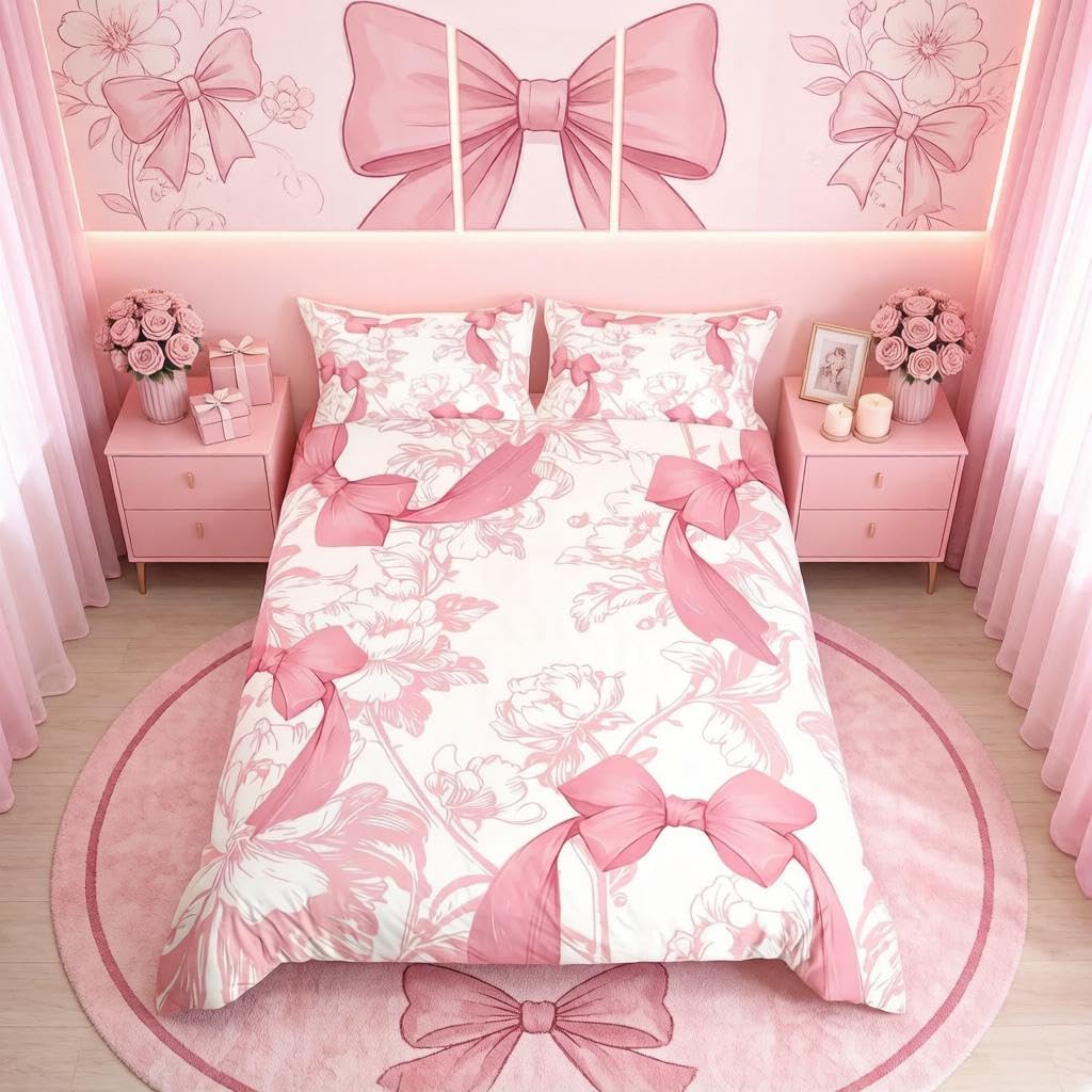 Loussiesd Pink Bowknot Duvet Cover Set Floral Flower Cute Bow Bedding Set for Kids Boys Girls Decor Comforter Cover Breathable Soft Microfiber All Season King โ image 1