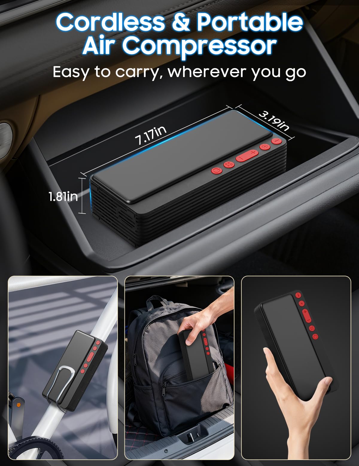 MATULSA Inflador de neumáticos, compresor de aire portátil, 10000 mAh y 150 PSI Smart App, bomba de aire inalámbrica para neumáticos de coche, almacenamiento de accesorios integrado, bomba de