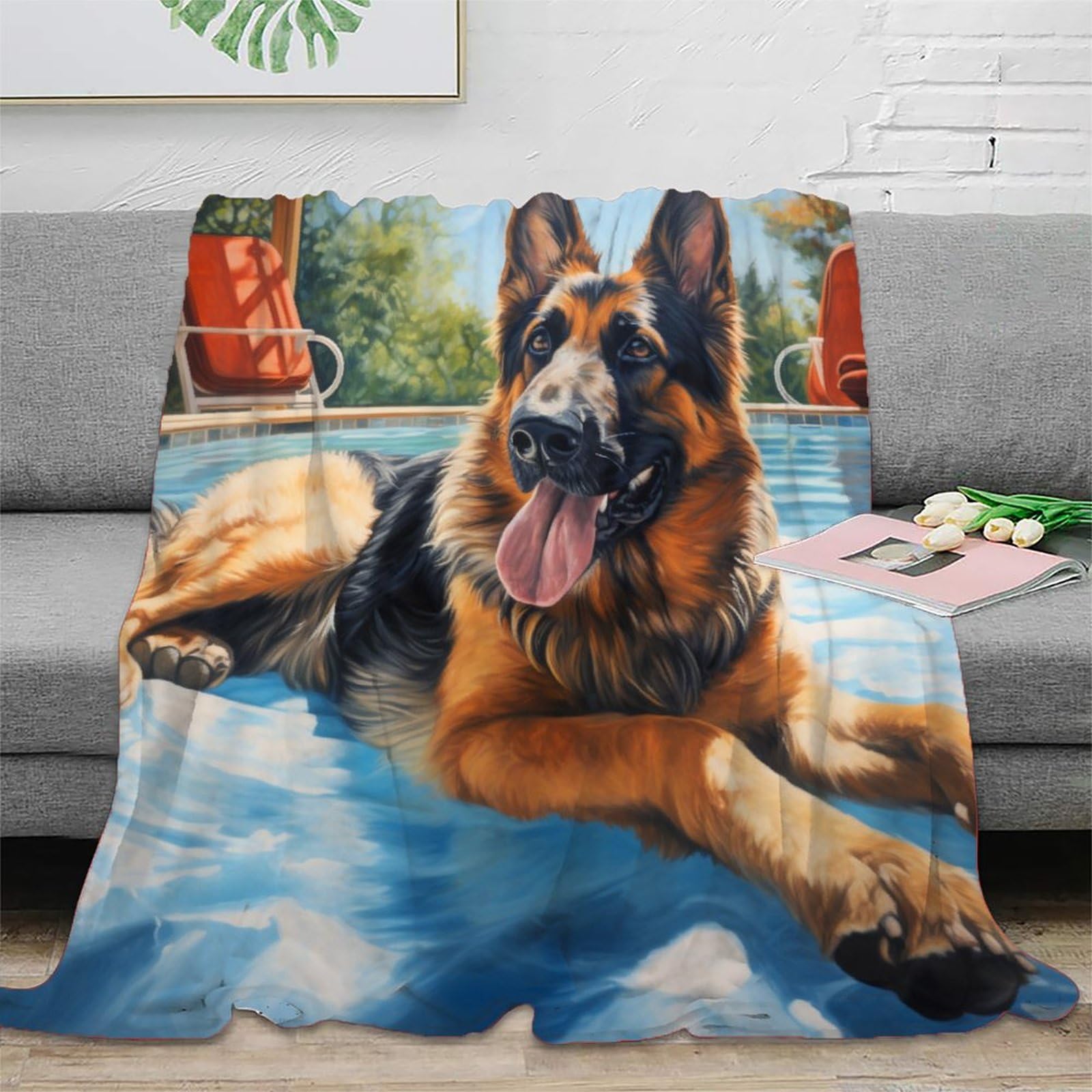 German Shepherd Sherpa Blanket Pet Dog Print Fleece Throw Blanket for Sofa Bed Couch Adult 3D Fuzzy Blanket Gift Plush Blanket Room Decor 50x60inch(127x152cm)