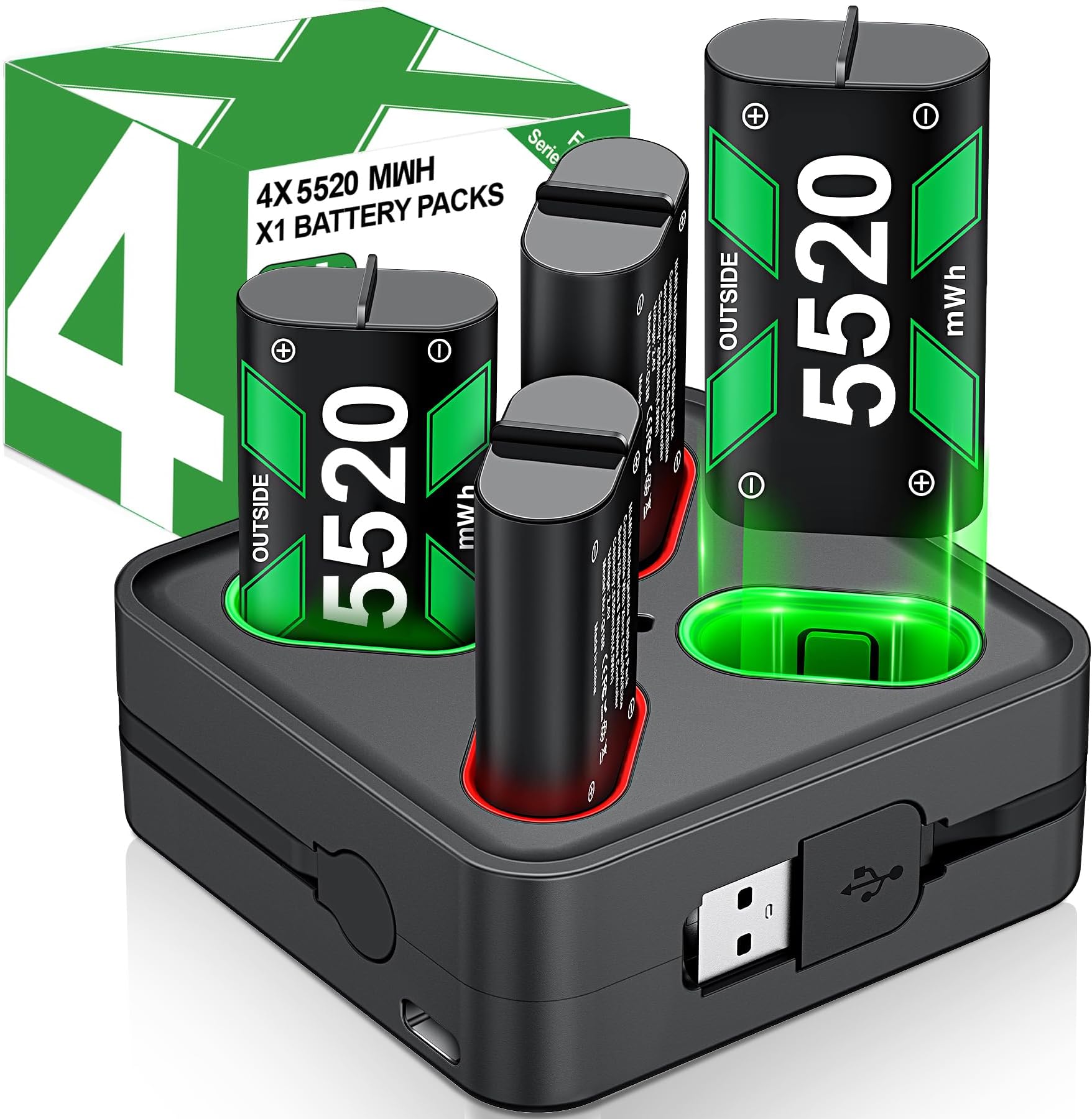 Charger for Rechargeable Xbox One Controller Battery Pack with 4x2550mAh Batteries for Xbox Series X|S/Xbox One, Battery Charger Station for Wireless Xbox One S/Xbox One X/Xbox One Elite Controllers