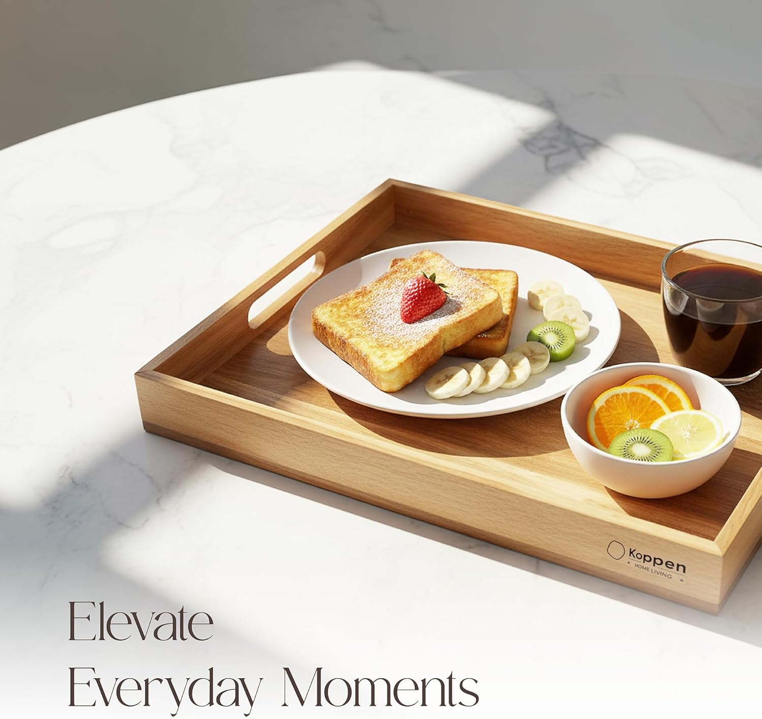 Koppen Acacia Wood Serving Tray with Handles, 17" x 13", Large Wooden Platter for Breakfast, Ottoman Tray for Party, Snacks, Fruit, Coffee Table, Living Room, Sofa, Bed, Outdoor, Natural Color