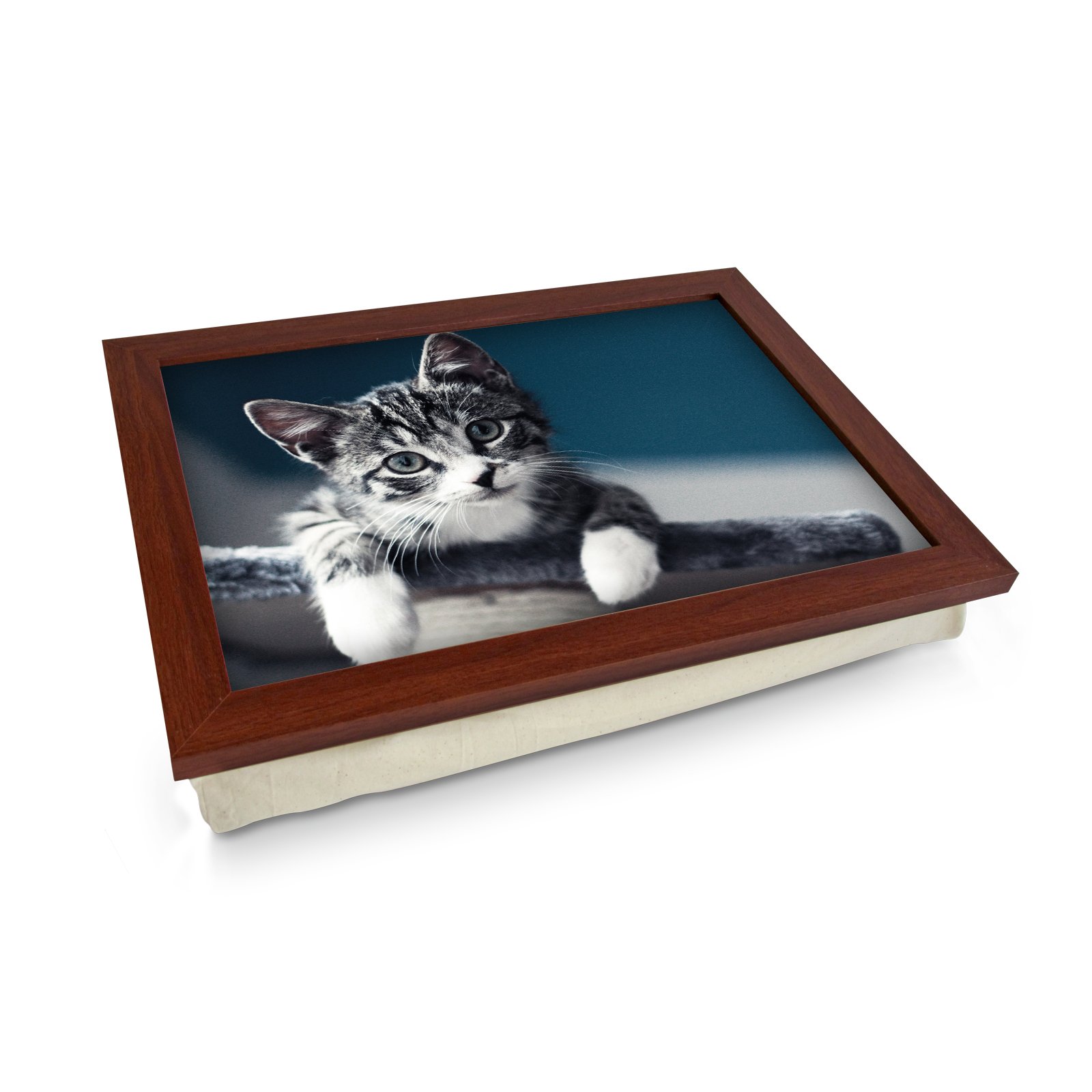 Yoosh Brown Extra Large Portable Lap Desk Tray (Grey Kitten Playing) Wide Multi Purpose | Handmade Large Wooden Frame, Big Beanbag Cushion Bottom | Computers, Laptops, Meals, Food | 49.8Cm | Xl31