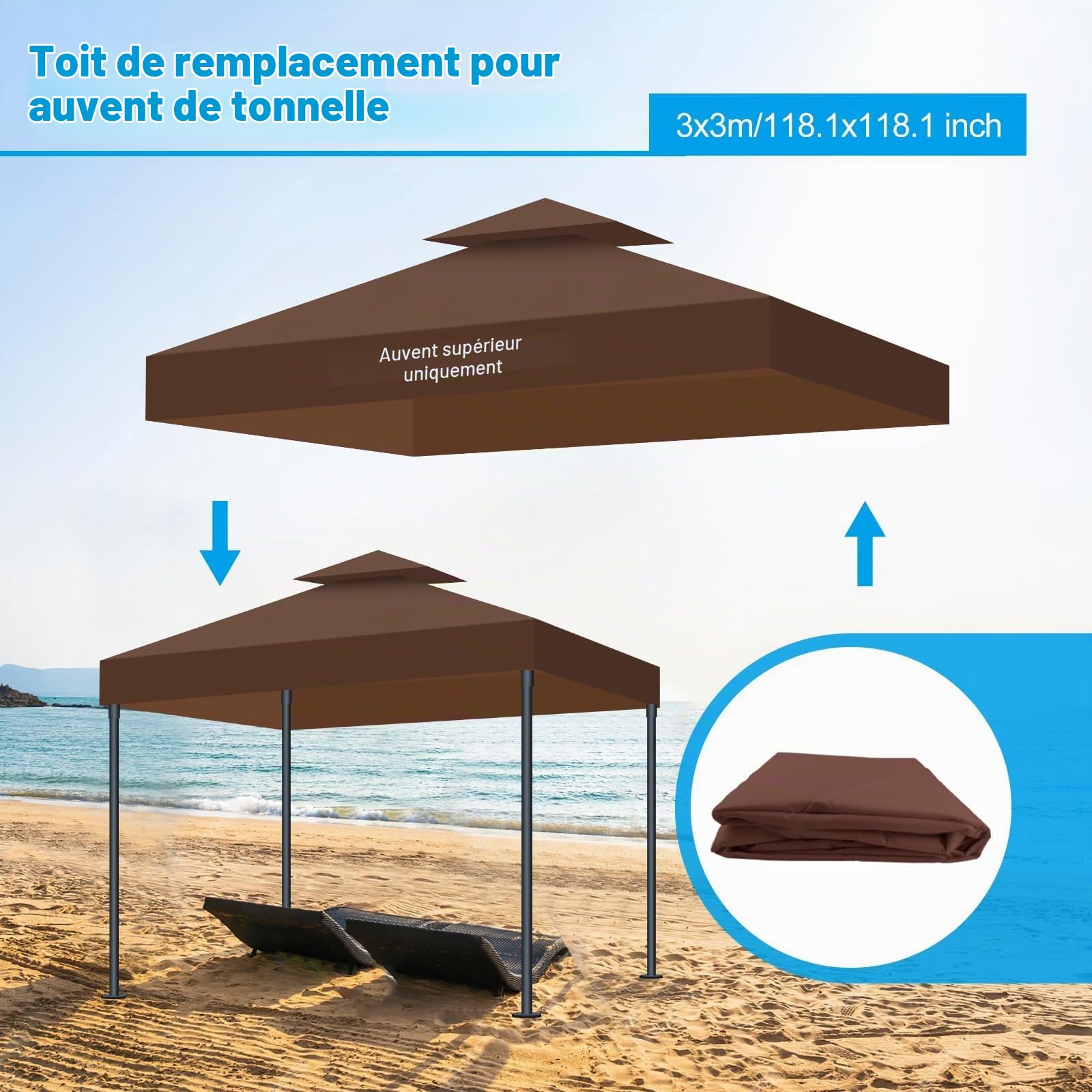 Toit de Remplacement pour Tonnelle 3x3m Imperméable et Protection Solaire, Double Ventilation Toile de Rechange pour Pavillon pour Jardin, Camping et Terrasse (Marron)