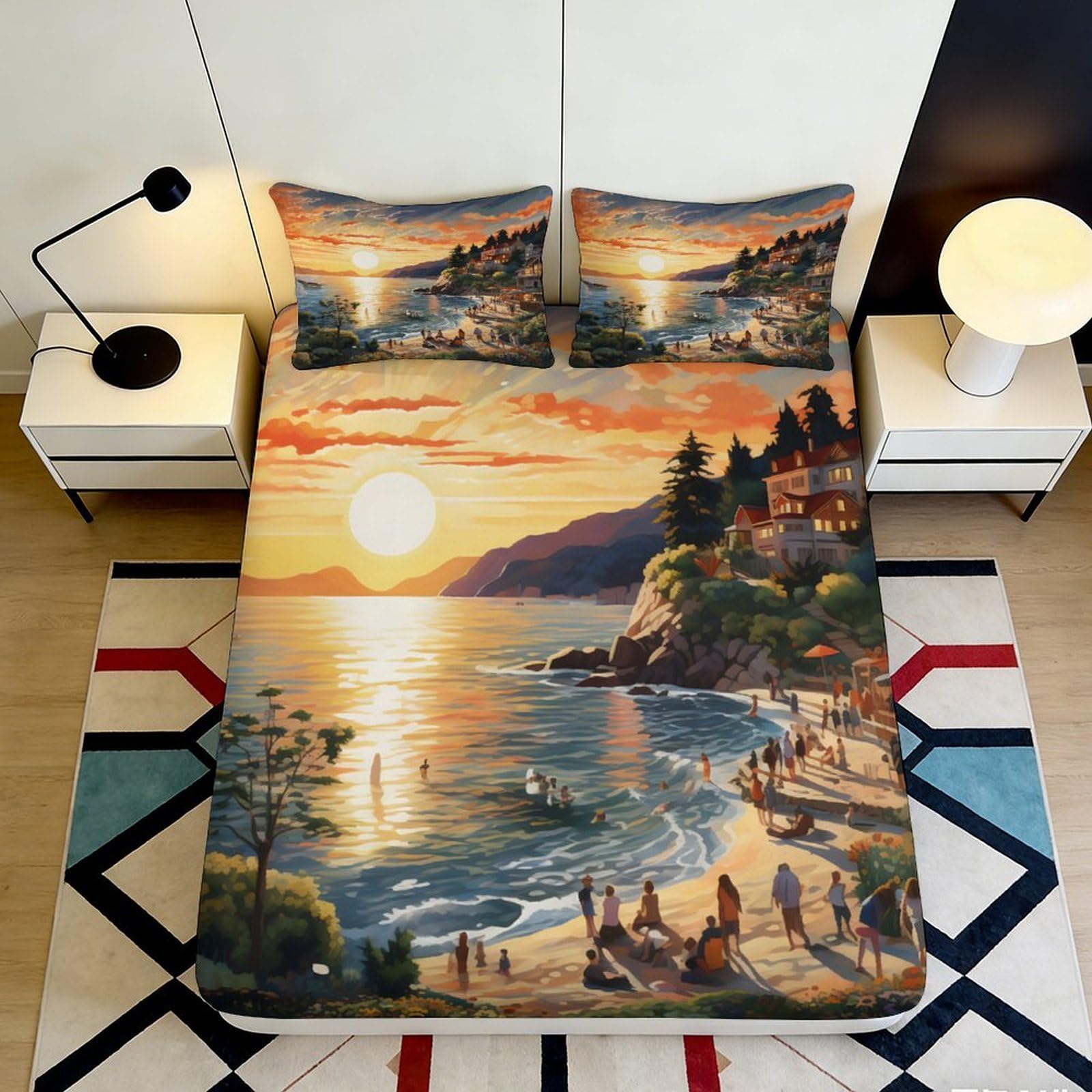3D Printed Sunset Beach Fitted Sheet Microfiber Soft Breathable Seaside Landscape Mattress Cover Bedroom Decor 90x200x25cm