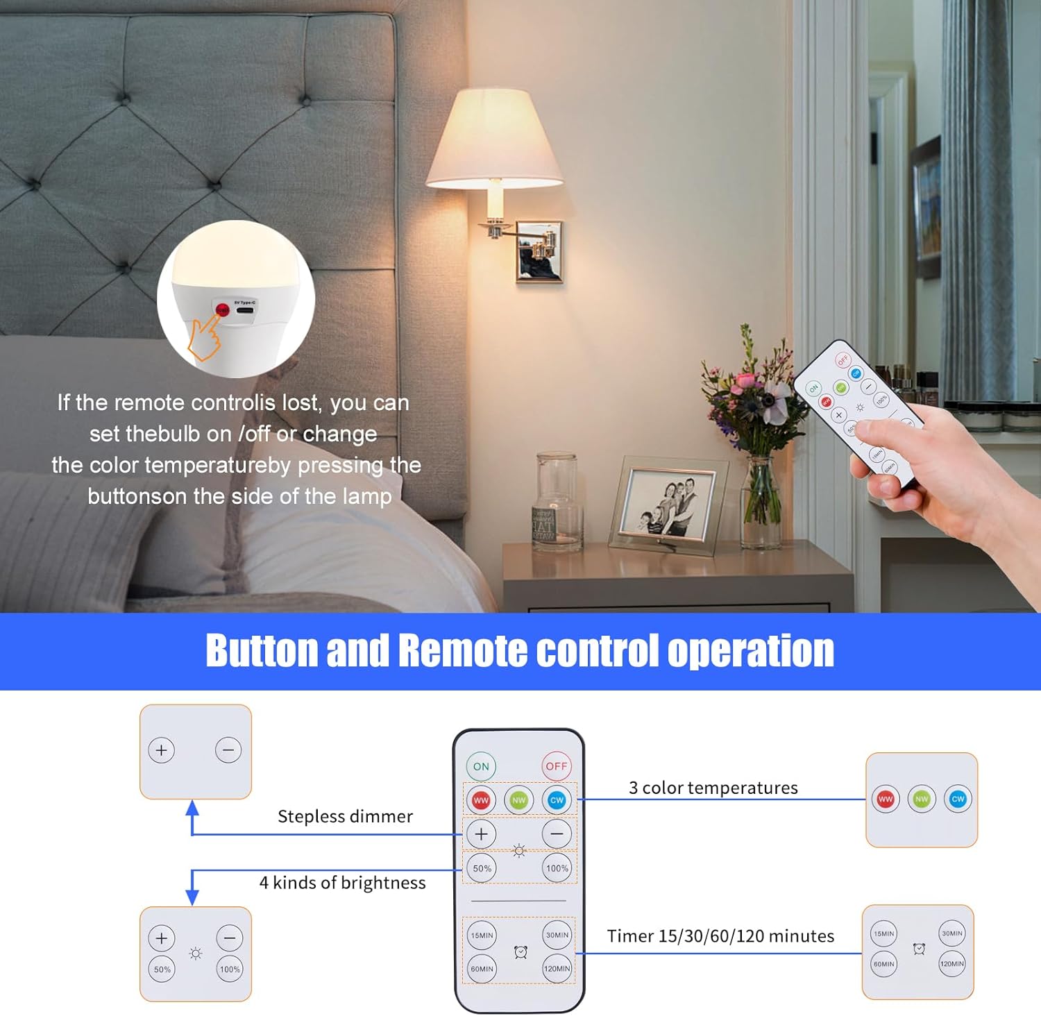 Powfloven Rechargeable Light Bulbs with Remote, E26 Wireless LED Battery Operated Light Bulb for Non-Hardwired Lamps, 500LM, 3 Color Temperatures, Dimmable, Timer, 1 Pack