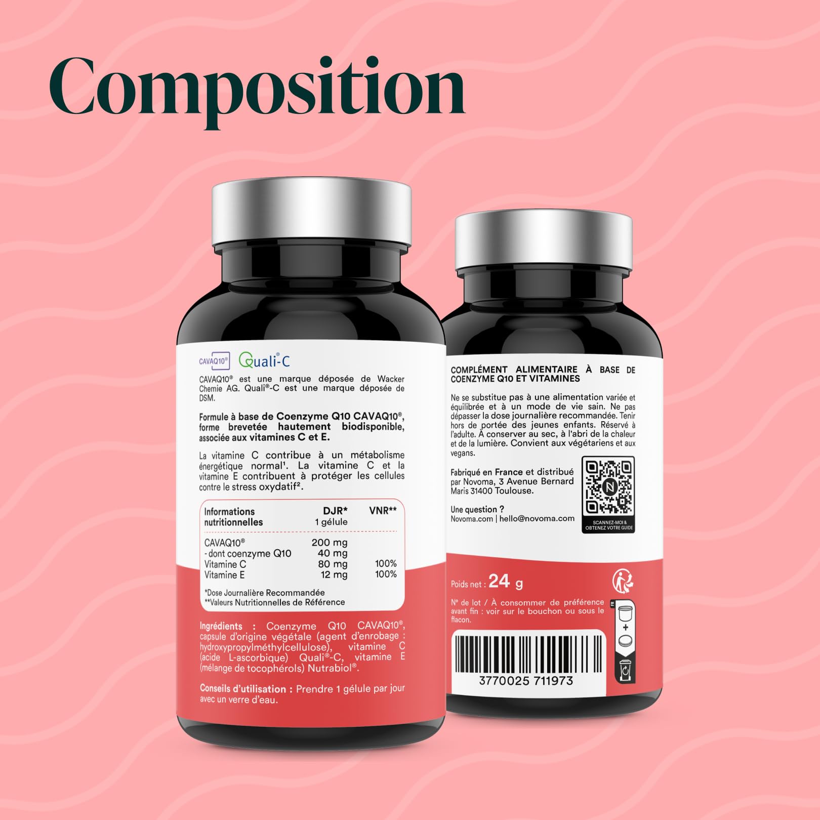 NOVOMA Coenzyme Q10, Énergie Cellulaire et Antioxydant, avec CAVAQ10® Haute Biodisponibilité, Vitamines C et E, Cure de 2 mois, 60 Gélules, Fabriqué en France