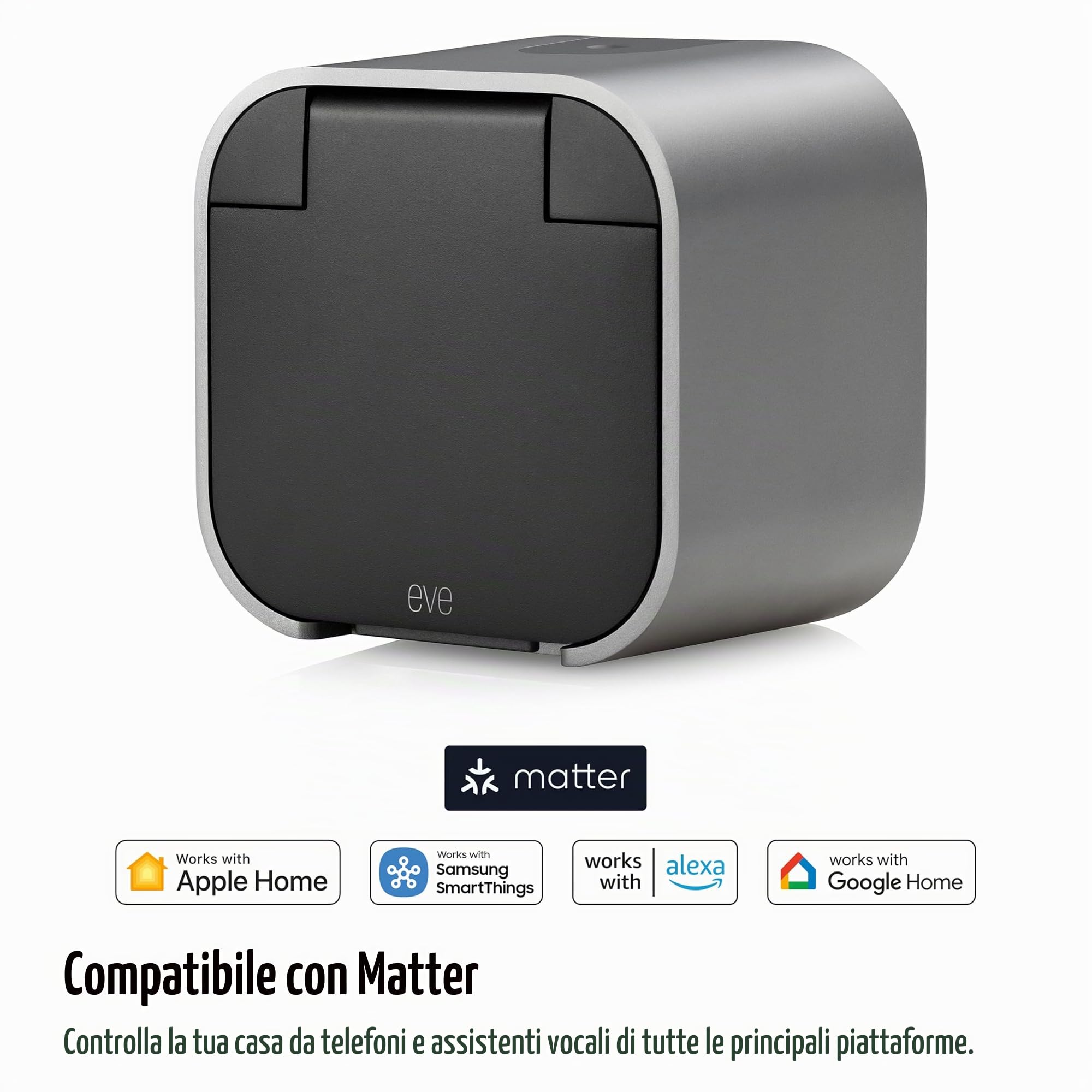 Eve Energy Outdoor (Matter) - Presa e misuratore di energia intelligente (IP44), presa per stanza umida, richiede un Thread Border Router; Apple Home, Alexa, Google Home, SmartThings; TÜV