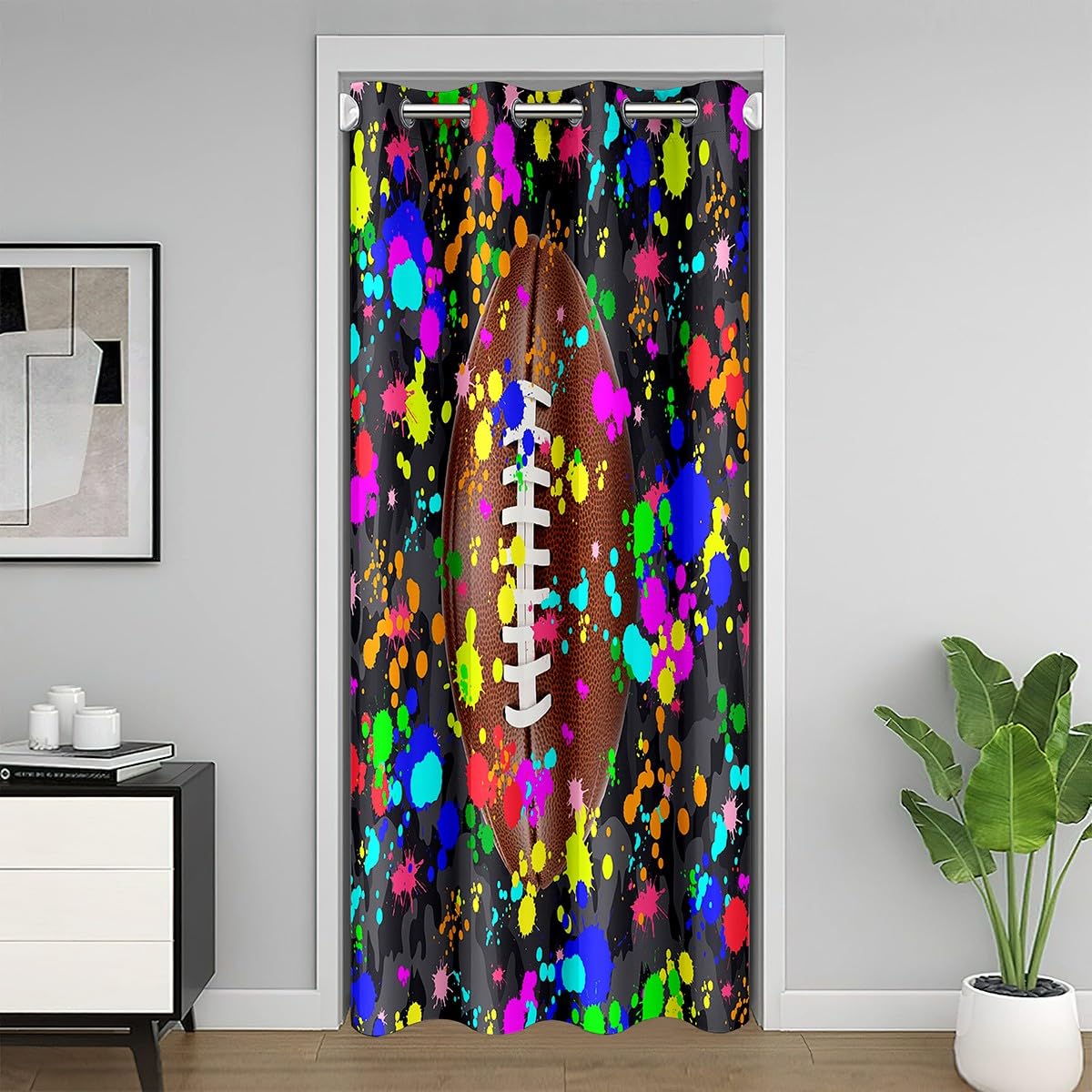 Football Doorway Curtain Privacy 86x203cm Rugby Camouflage 30%-50% Blackout Insulated Thermal Curtain American Football Door Cover Curtain Hip Hop Graffiti Pattern Window Treatments Room Decor