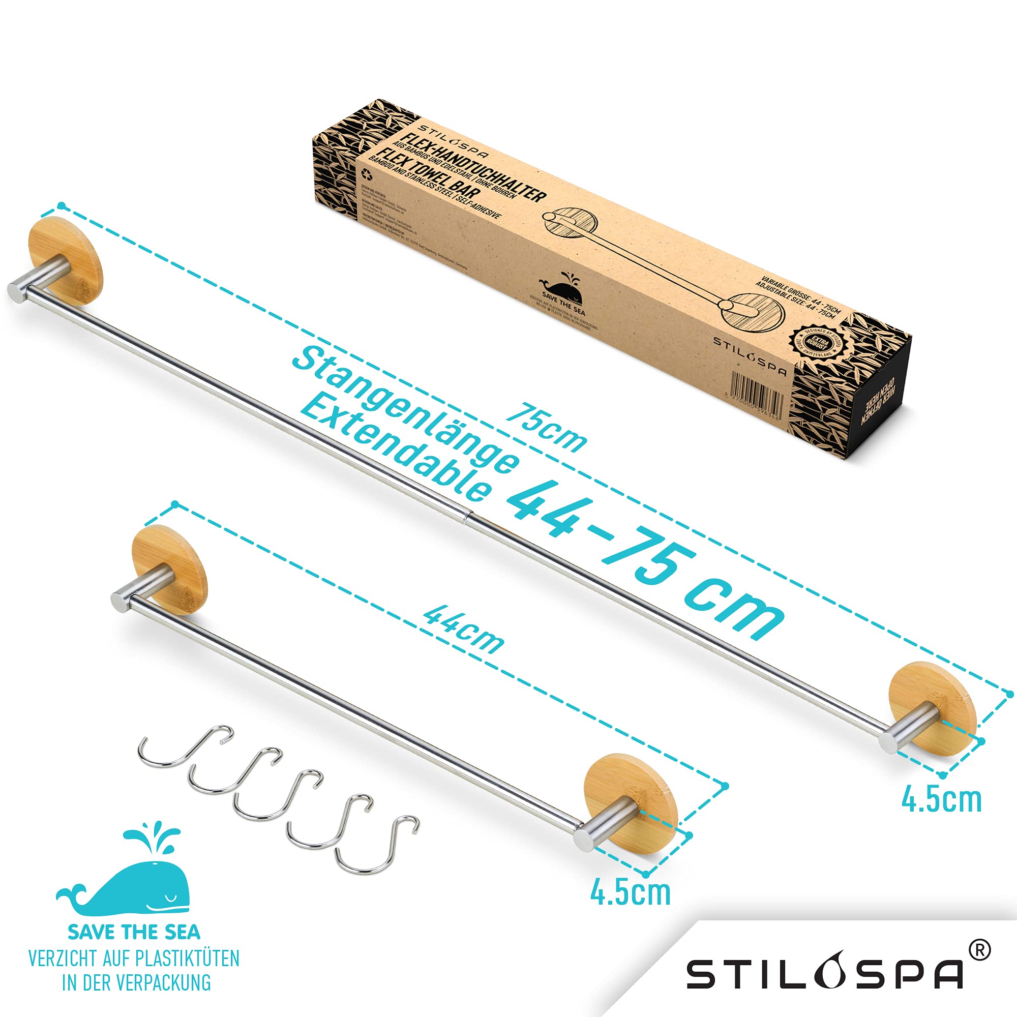 Portasciugamani Autoadesivo STILOSPA - Regolabile 36-67cm, 5 Ganci, Per Bagno E Cucina - Foto 2