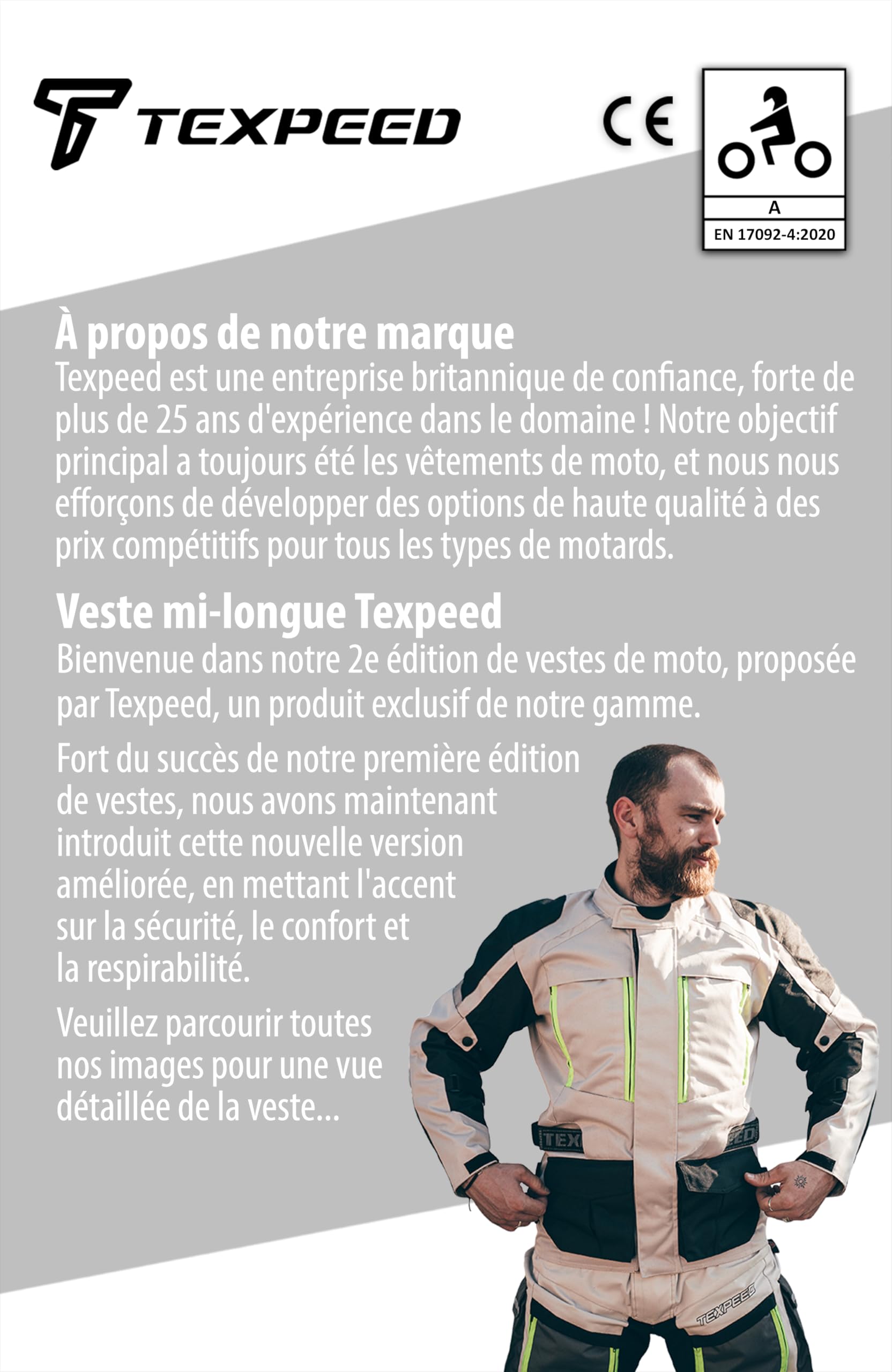 Texpeed Veste moto homme homologué avec armure protection - Hiver/été blouson motard imperméable étanche avec blindé CE (EN 1621-1) Blanc cassé/Gris - XL