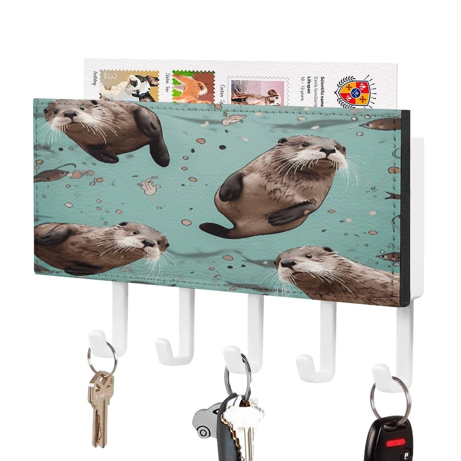 FekiLoot Otters Key Holder Wall Mount Key Hanger with 5 Hooks Decorative Key Rack Hanging Key Hooks with Mail Organizer Key Holder for Wall Living Room Kitchen Bathroom Hallway White