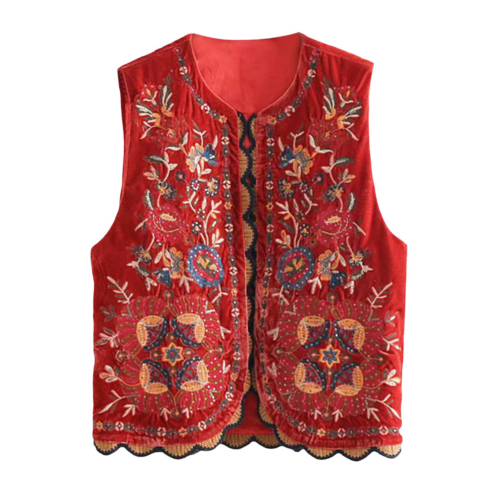 Qianderer Chaleco vintage bordado floral Y2k de lino sin mangas con frente abierto, chaleco de flores de moda para mujer